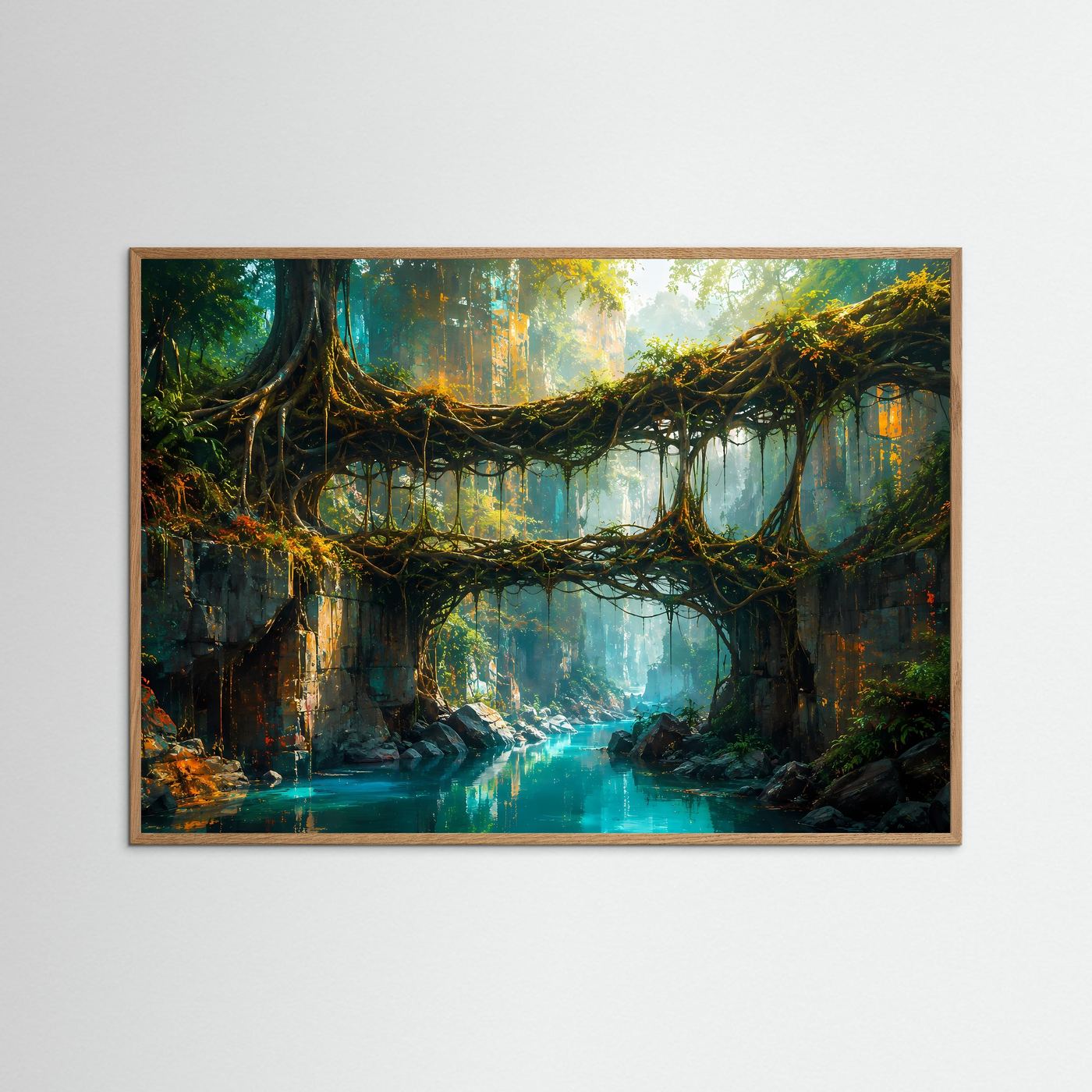 Regenwald-Wandbild mit Wurzelbrücke über Fluss im naturfarbenen Eichenrahmen.