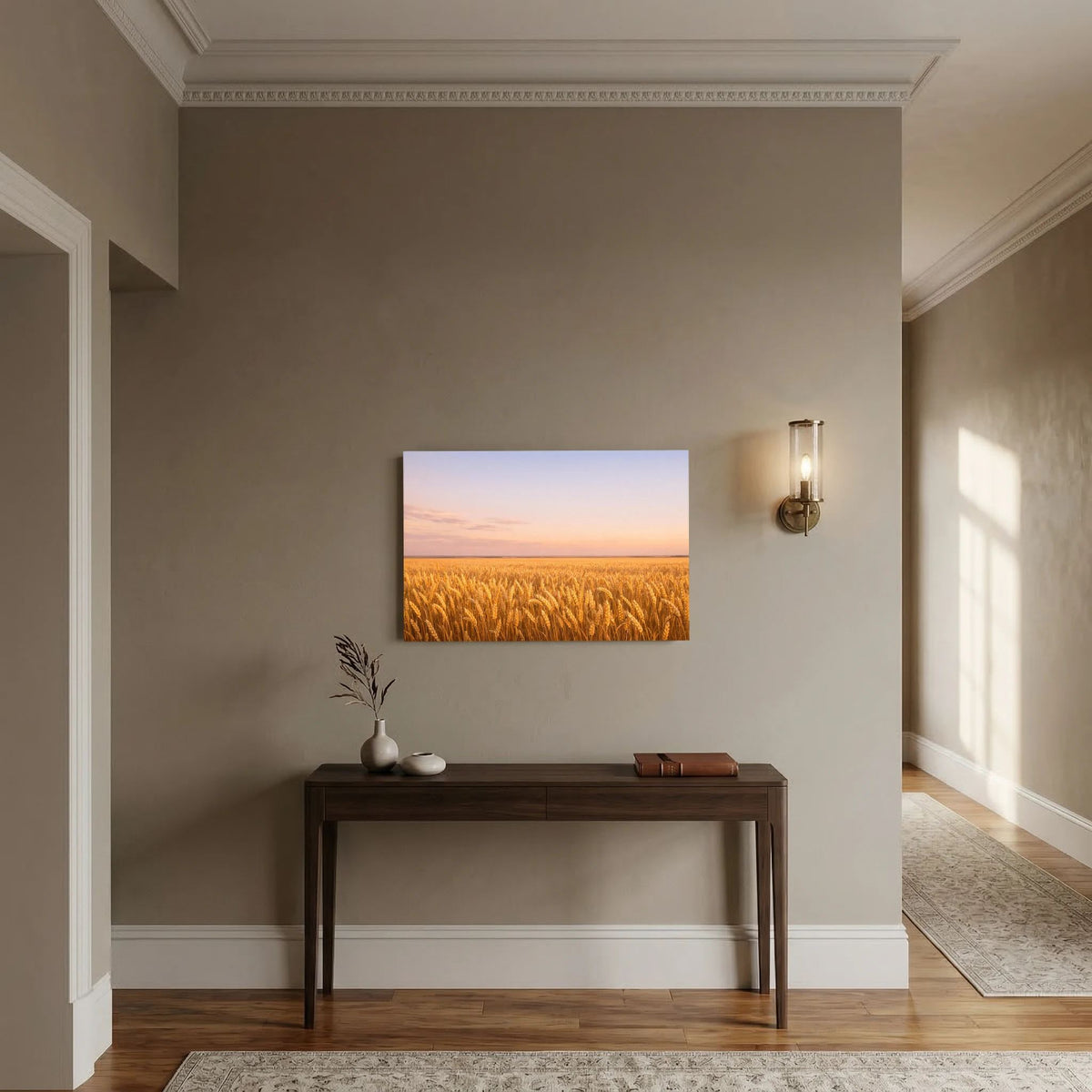 Querformatiges Wandbild mit goldenem Weizenfeld bei Sonnenuntergang