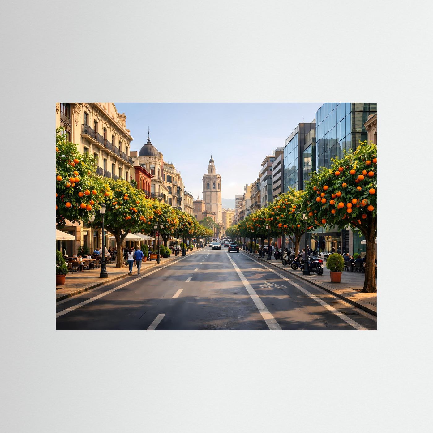 Wandbild Stadtstraße mit Orangenbäumen und historischer Architektur ohne sichtbaren Rahmen
