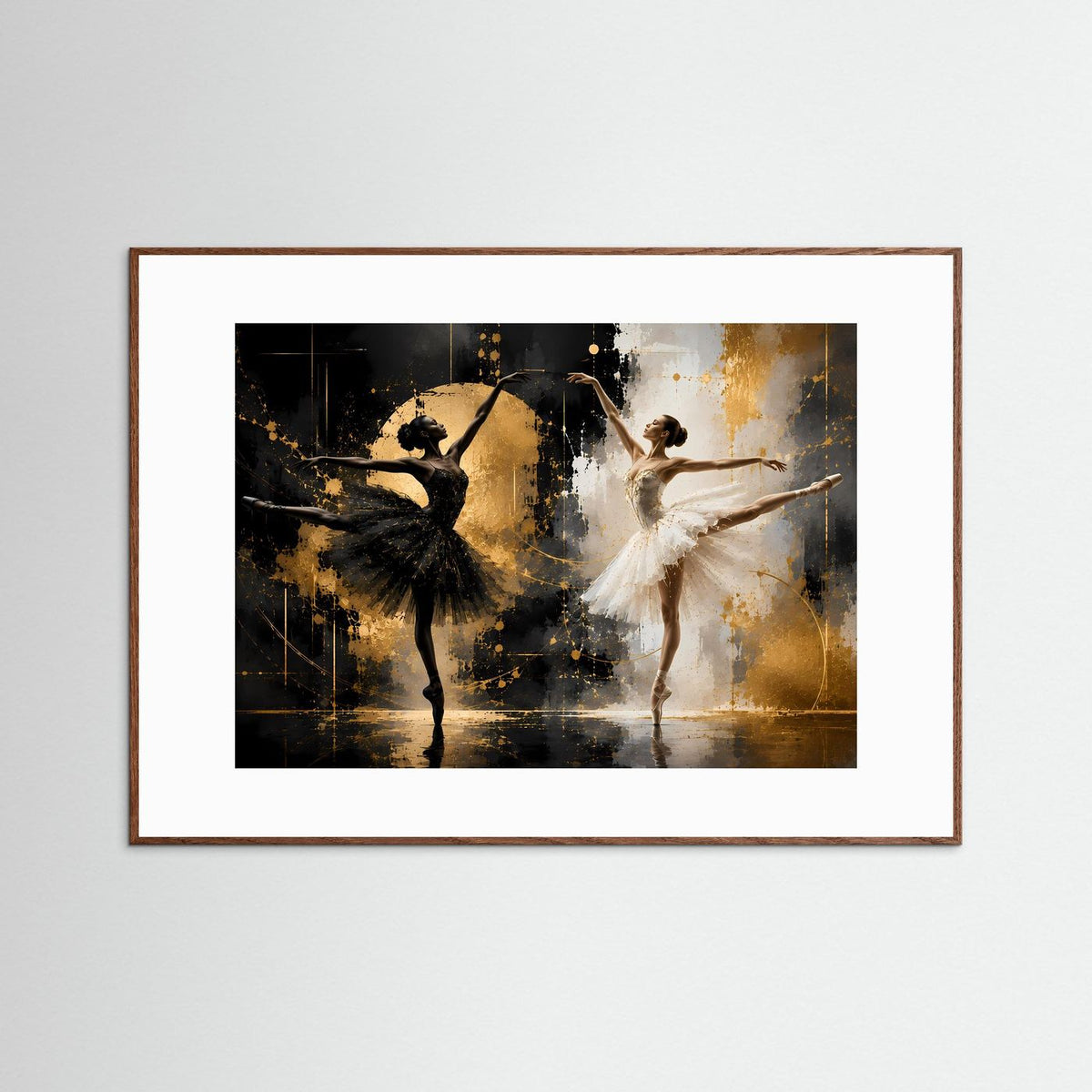 Gerahmtes Querformat-Poster: Balletttänzerinnen in Schwarz-Weiß mit goldenen Akzenten, brauner Rahmen