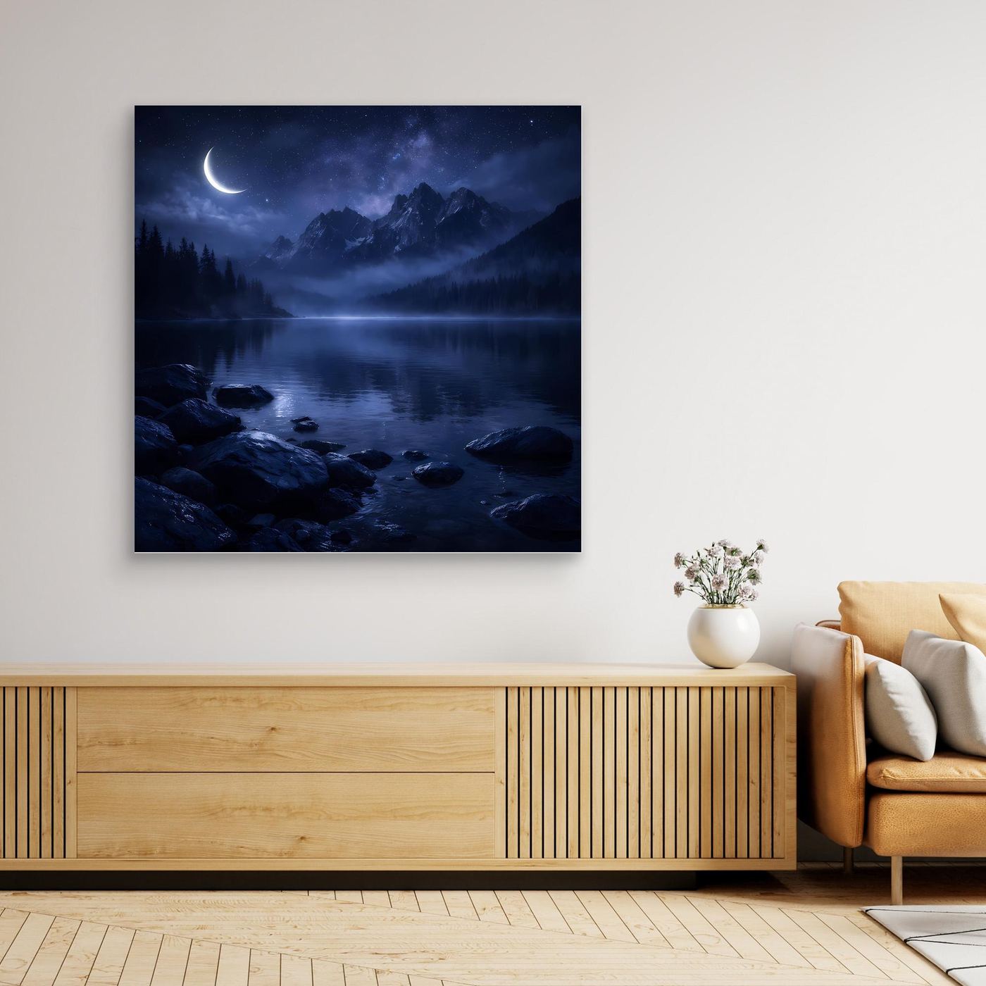 Leinwandbild Nachtlandschaft mit Mond über Bergsee, ungerahmt