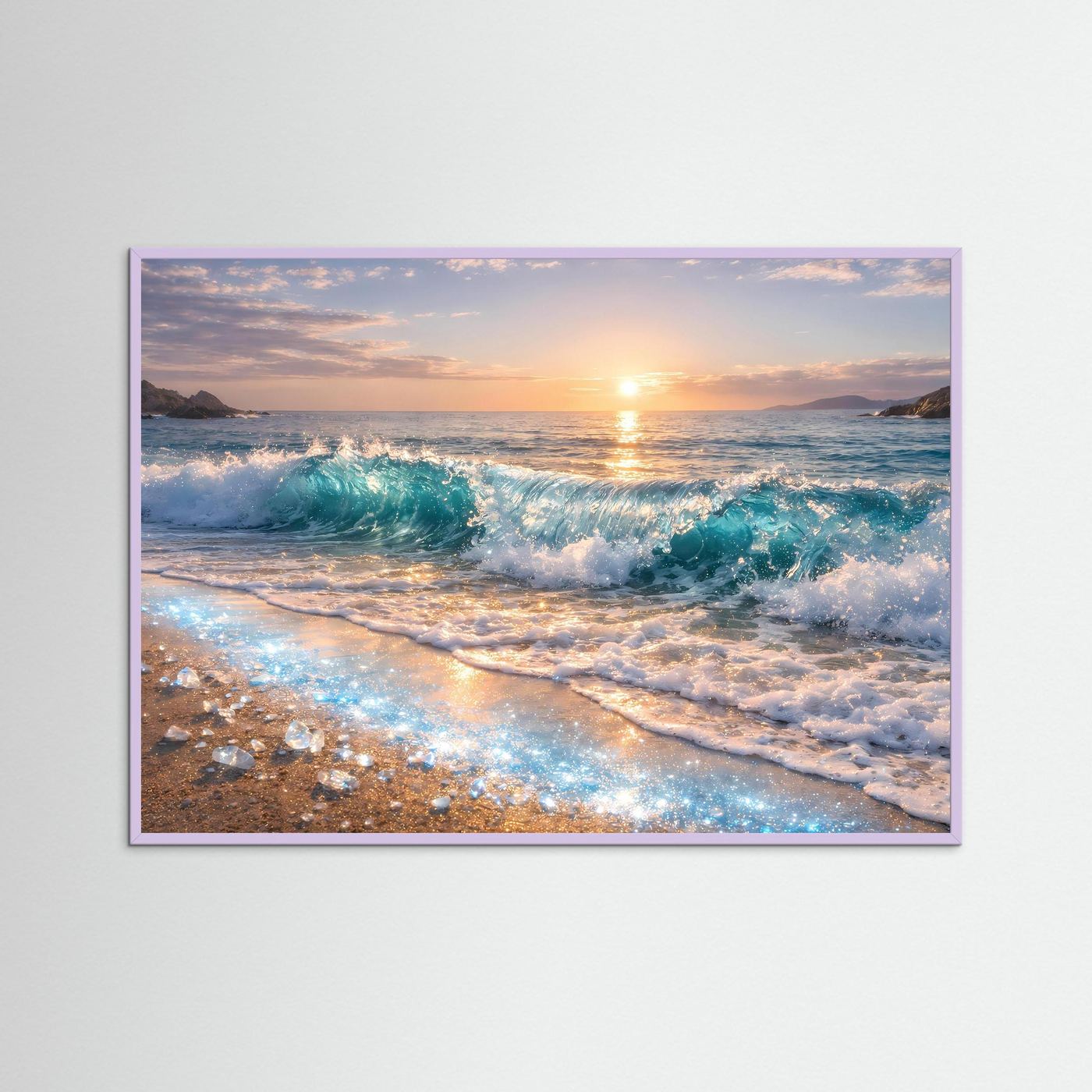 Poster Meereswelle am Sandstrand | Goldener Sonnenuntergang Wandbild