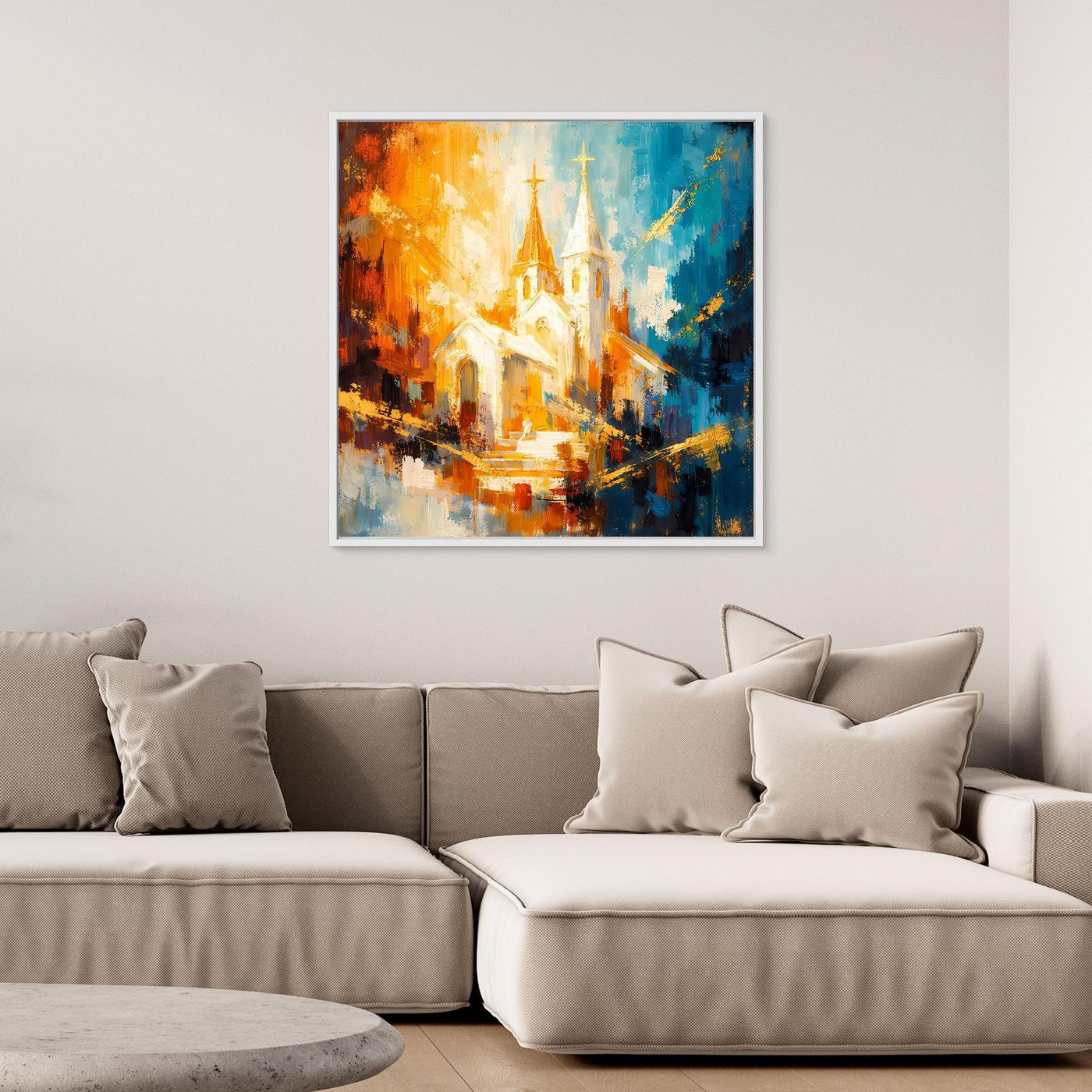 Leinwandbild mit hellen Akzenten, abstrakte Kirchenarchitektur in warmen Orange- und Blautönen