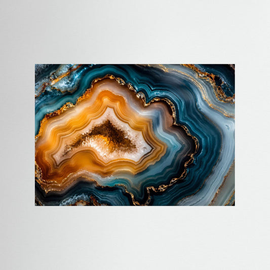 Geode-Mineralienposter querformat mit dunklem Rahmen, türkise und orangefarbene Achatbänder