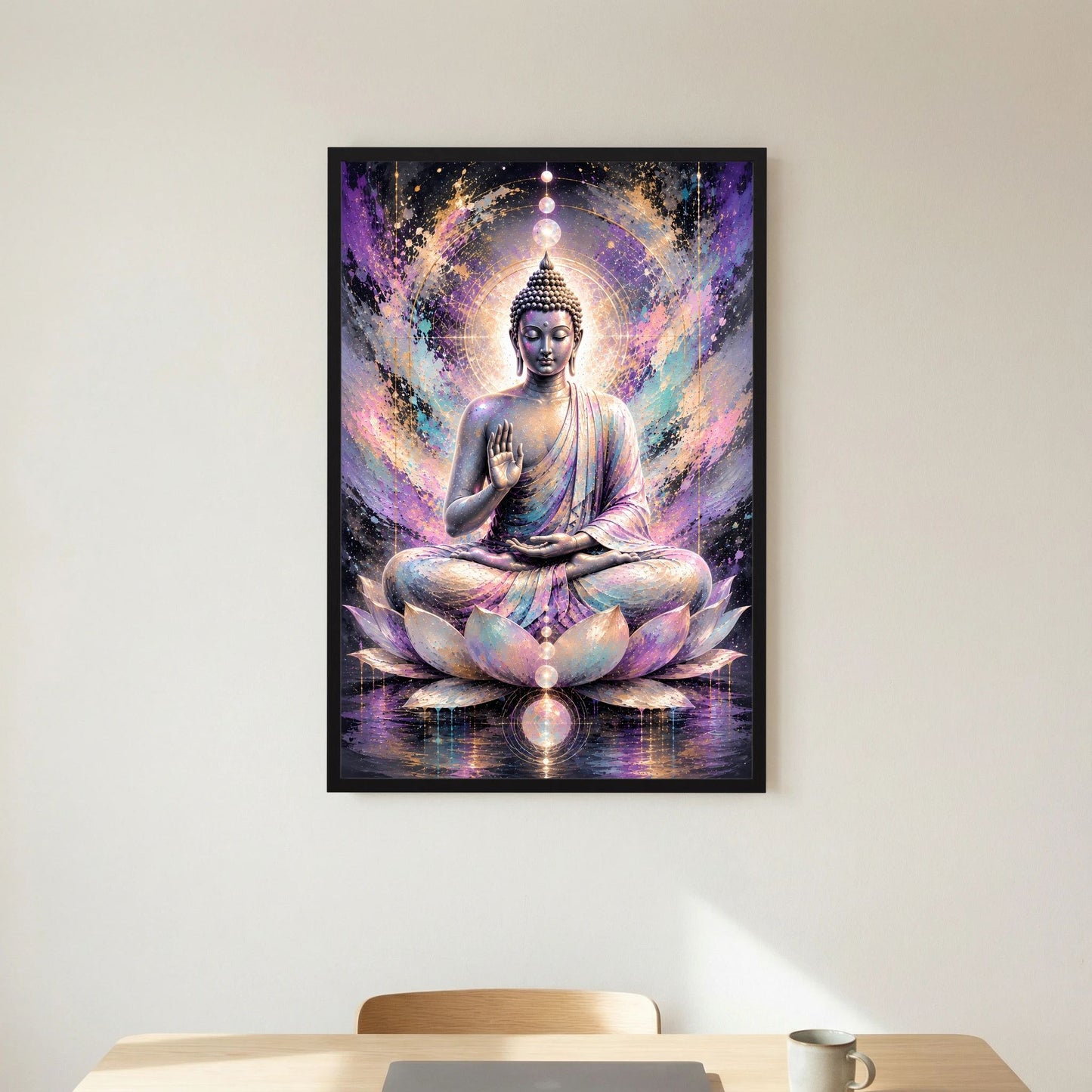 Hochformat-Poster mit Buddha im Lotossitz, Pastell-Aura und Lichtring, schwarzer Rahmen
