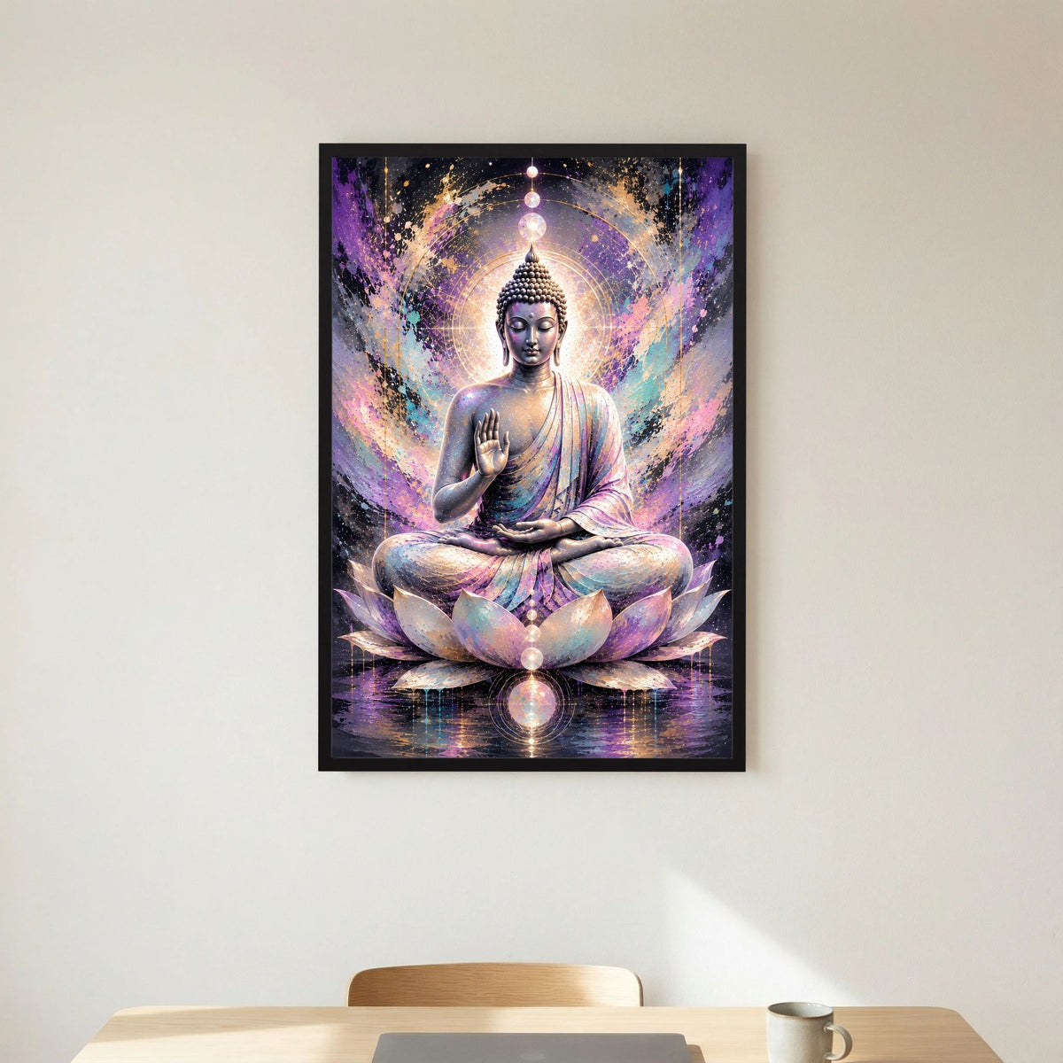 Hochformat-Poster mit Buddha im Lotossitz, Pastell-Aura und Lichtring, schwarzer Rahmen