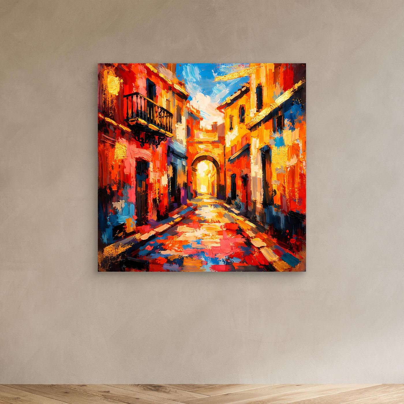 Abstraktes Leinwandbild mediterrane Altstadtgasse mit farbigen Fassaden und Pflasterweg, ohne Rahmen
