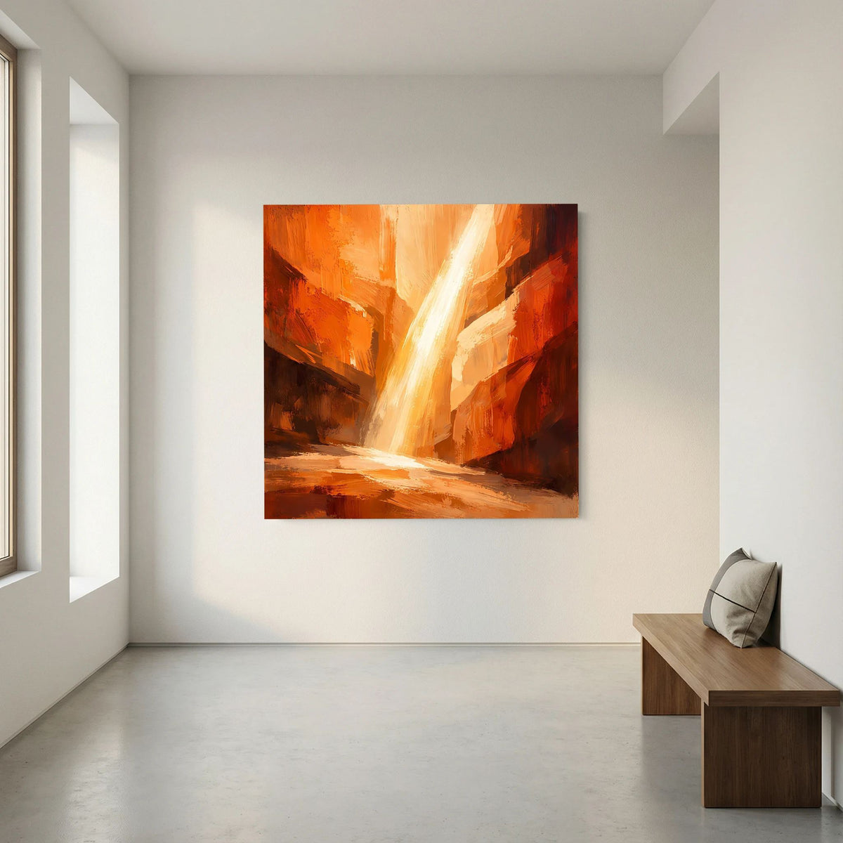 Gerahmtes Leinwandbild mit orange-rotem Felsmotiv und weißem Lichtstrahl