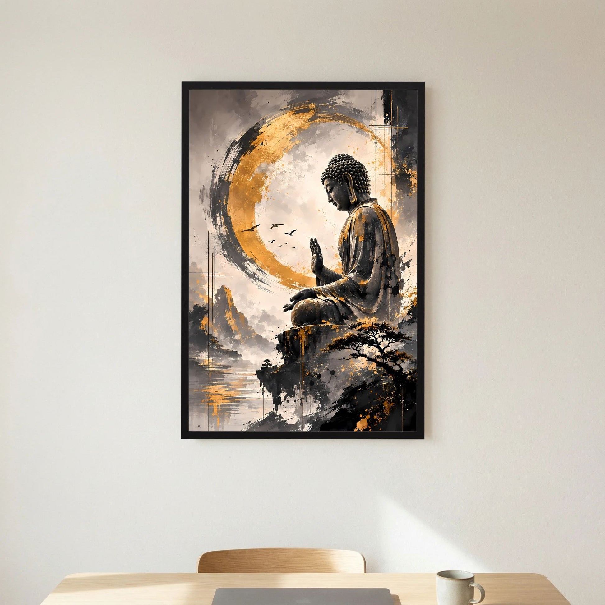 Zen-Poster mit sitzendem Buddha im goldenen Kreis, schwarzer Rahmen