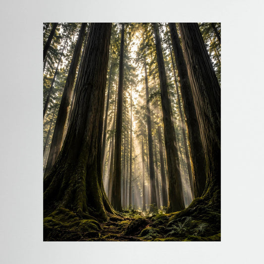 Hochformatiges Poster mit Redwood-Wald und Sonnenstrahlen, Blick nach oben