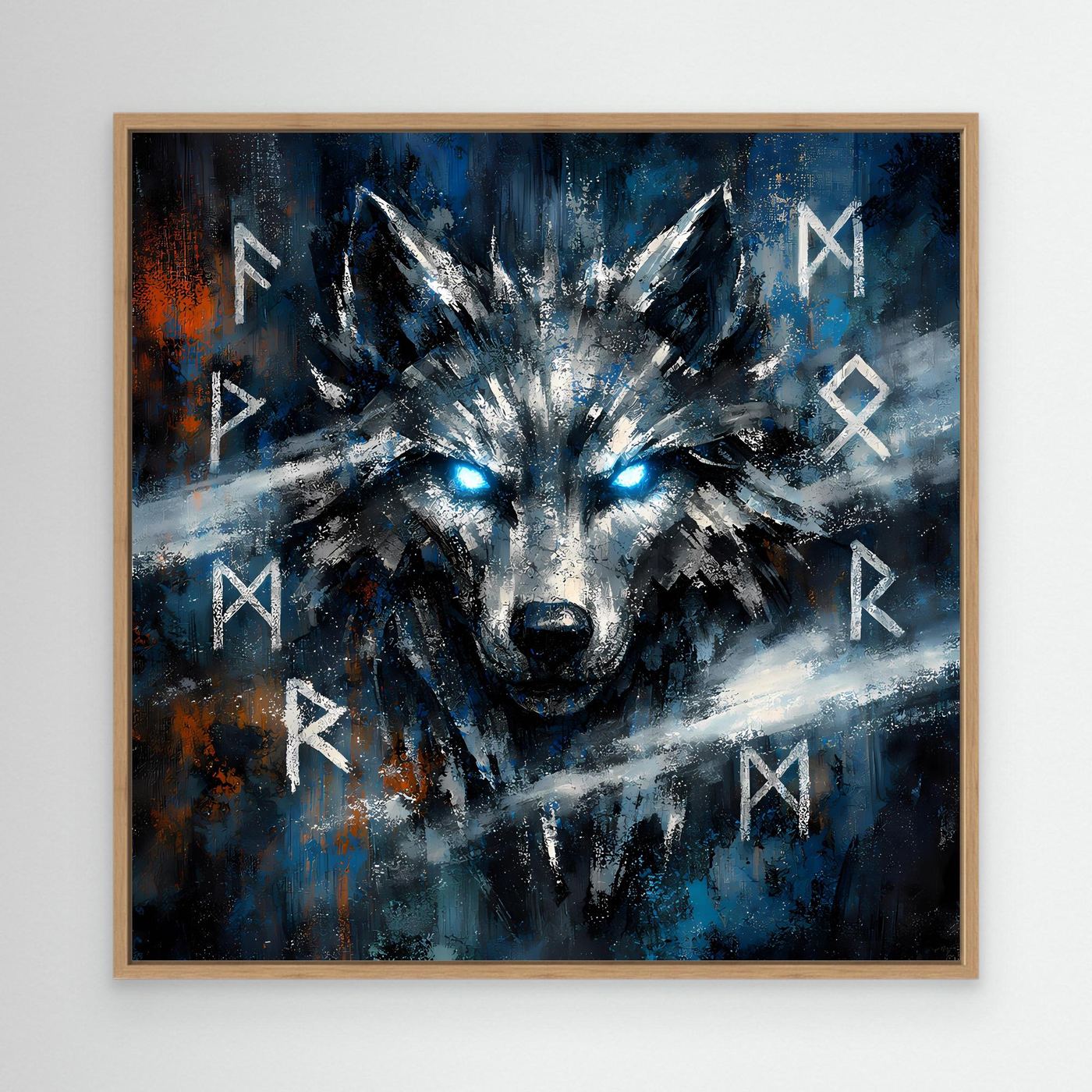 Wandbild auf Leinwand mit Fenrir-Wolfkopf, leuchtenden Augen, Runen-Zeichen; Eichenrahmen