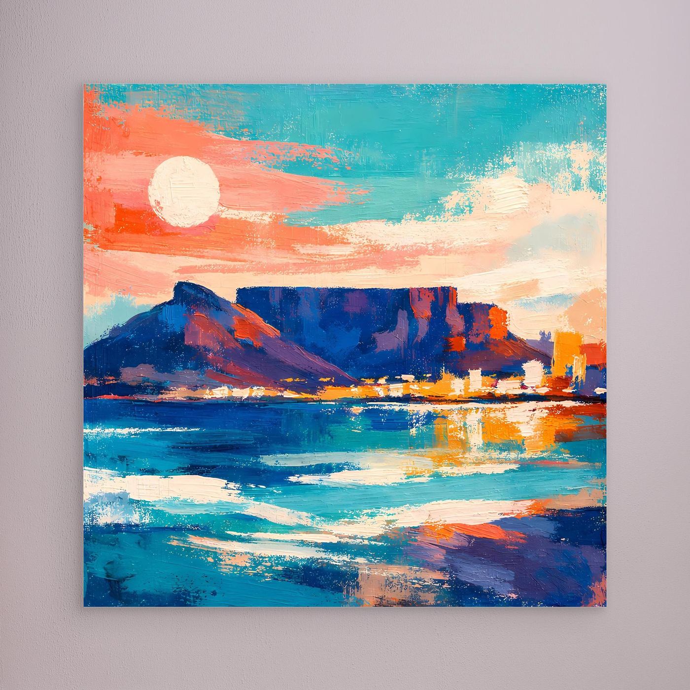 Abstraktes Leinwandbild: Küste mit Sonne, Meer, Berg und Stadt, ohne sichtbaren Rahmen