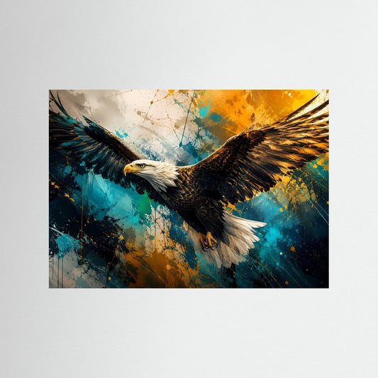 Adler-Poster mit Weißkopfseeadler im Flug, kräftige Blautöne und Goldspritzer