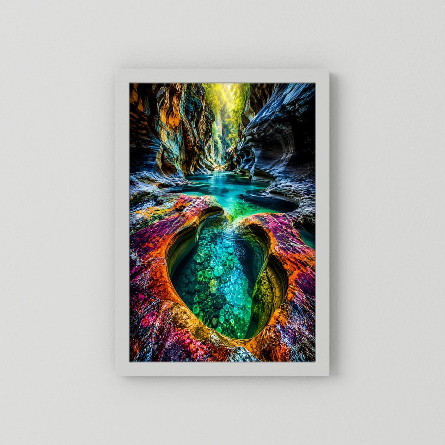 Poster im weißen Rahmen mit türkisfarbenem Wasser und leuchtenden Felsen, Hochformat