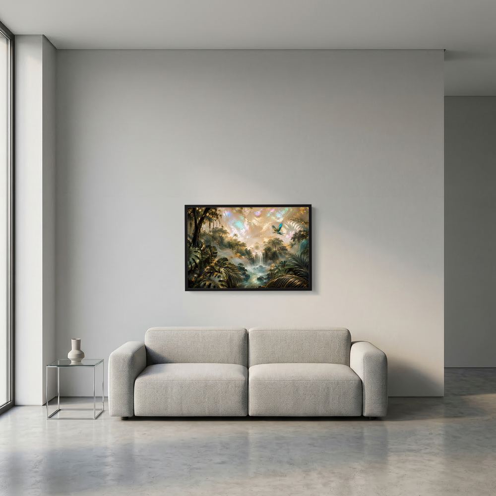 Tropenwald-Poster querformat mit Wasserfall und Papagei, schwarzer Rahmen an der Wand