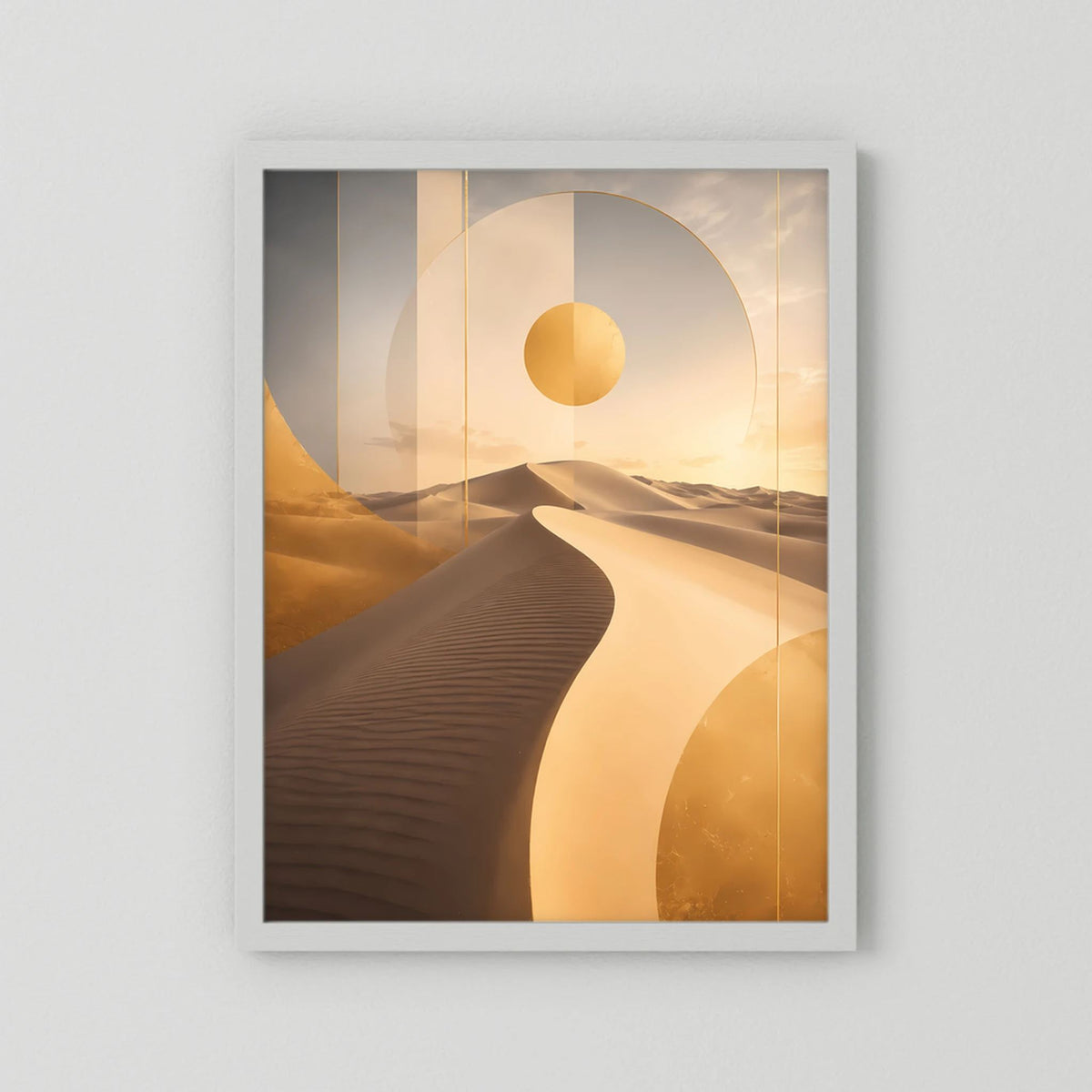 Vertikales Poster mit abstrakten Dünen und goldener Sonne, weißer Rahmen