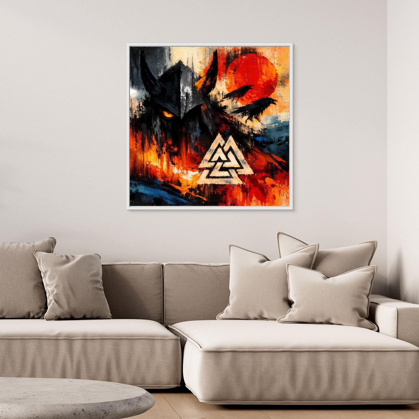 Leinwandbild mit Rabe in Schwarz und Valknut-Symbol, abstrakt gestaltet in Rot-Blau