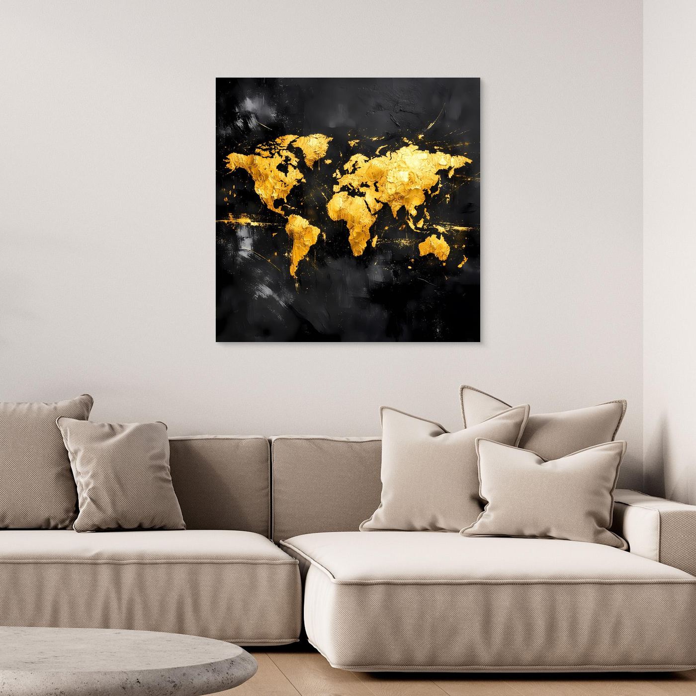 Leinwand Elegante Weltkarte in Gold & Schwarz | Modernes Abstraktes Kontinenten Wandbild