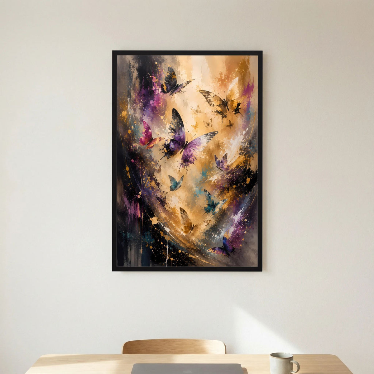 Hochformat-Poster mit abstrakten Schmetterlingen in Goldtönen, Violett und dunklem Rahmen