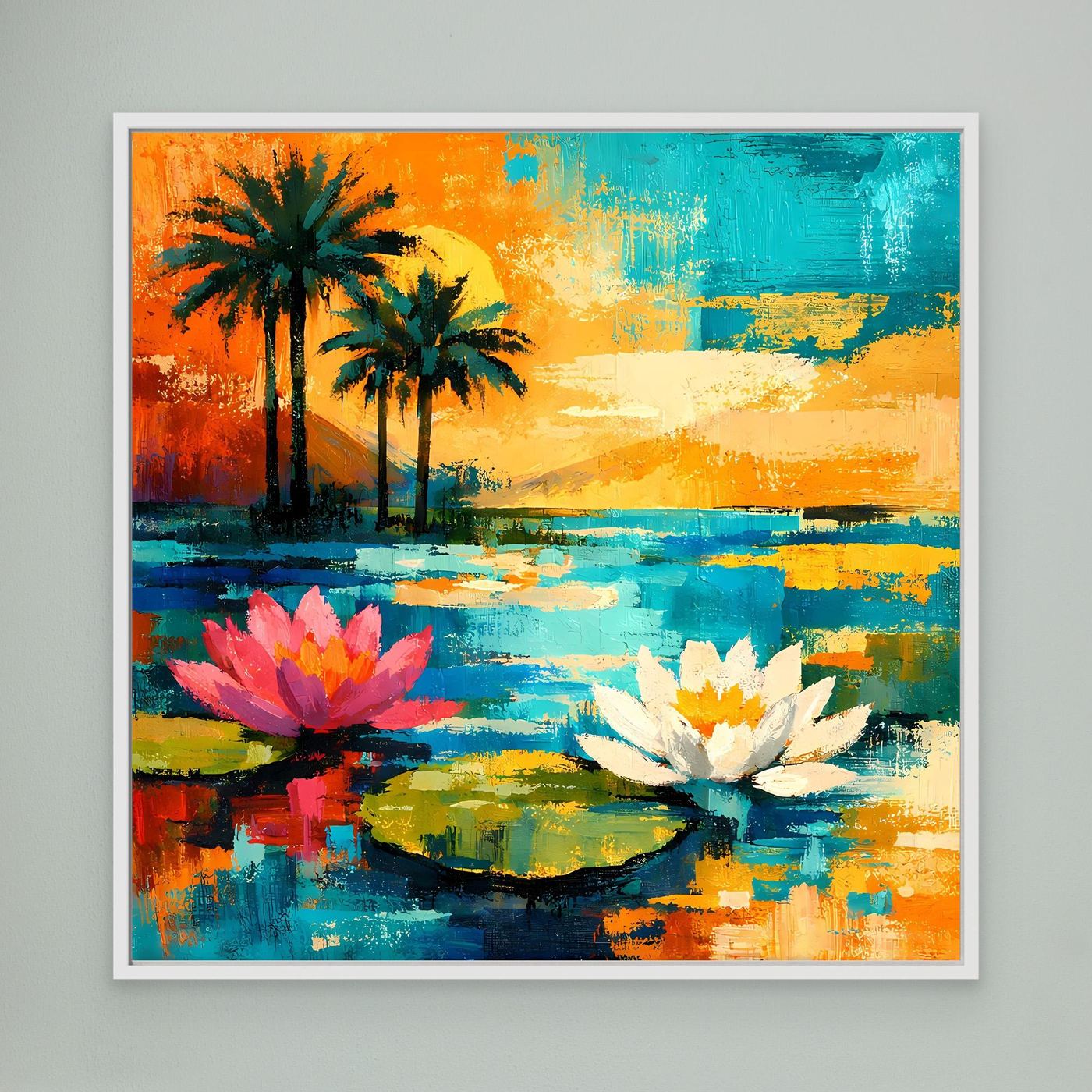 Gerahmtes Leinwand-Wandbild mit Palmen, Seerosenteich und bunten Blumen in Türkis und Orange