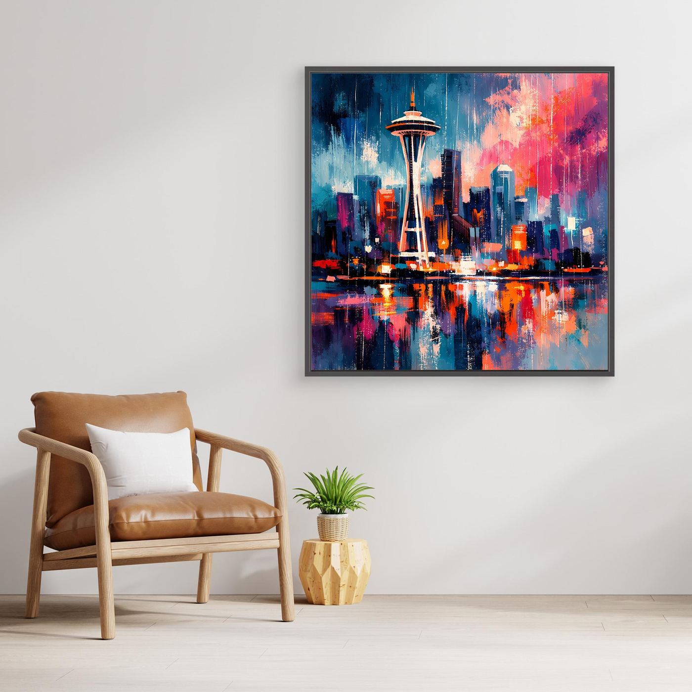 Leinwand-Wandbild mit Space Needle und Skyline bei Nacht, mit hellen Rahmeneinfassung