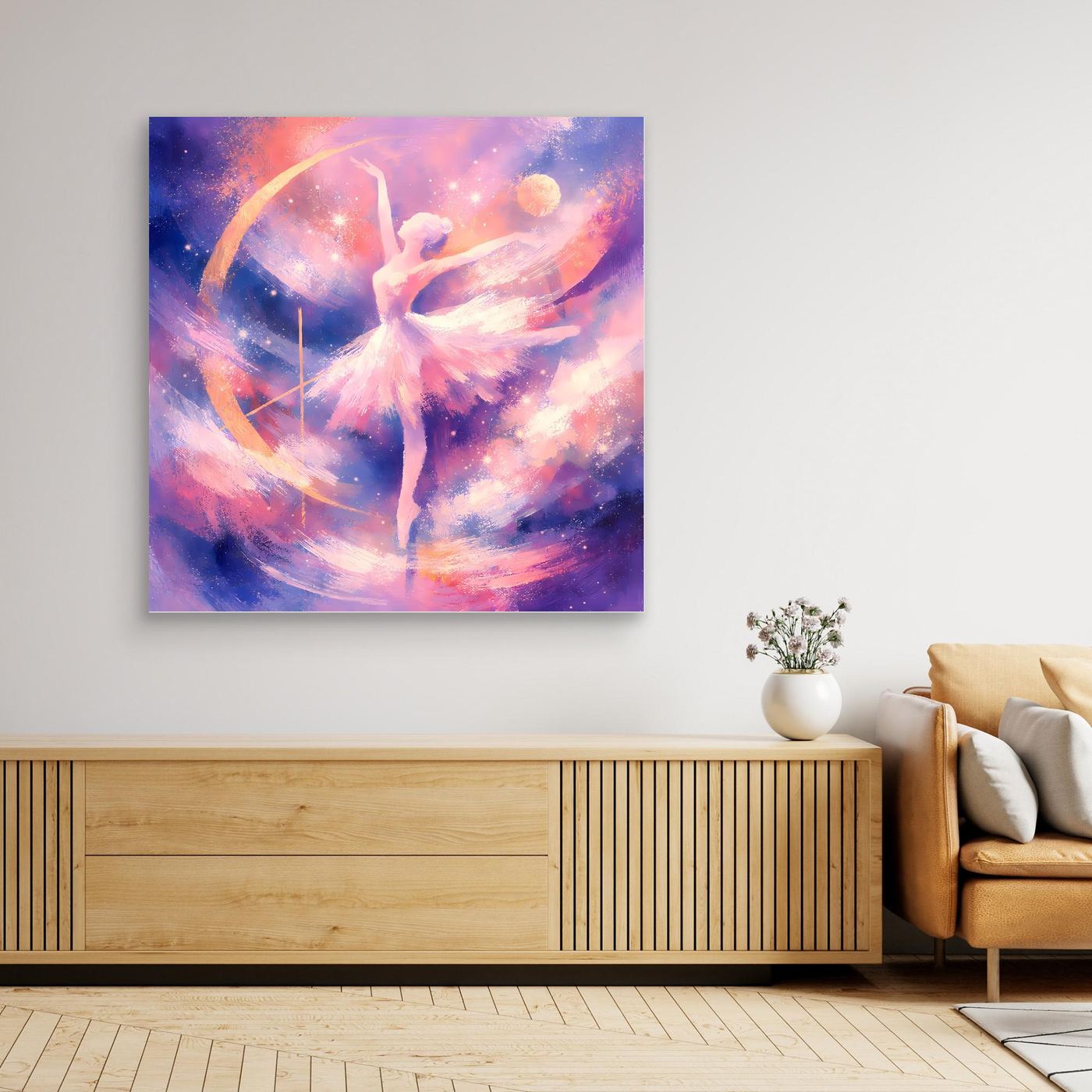 Leinwandbild mit tanzender Ballerina in pastellfarbenem Sternenhimmel