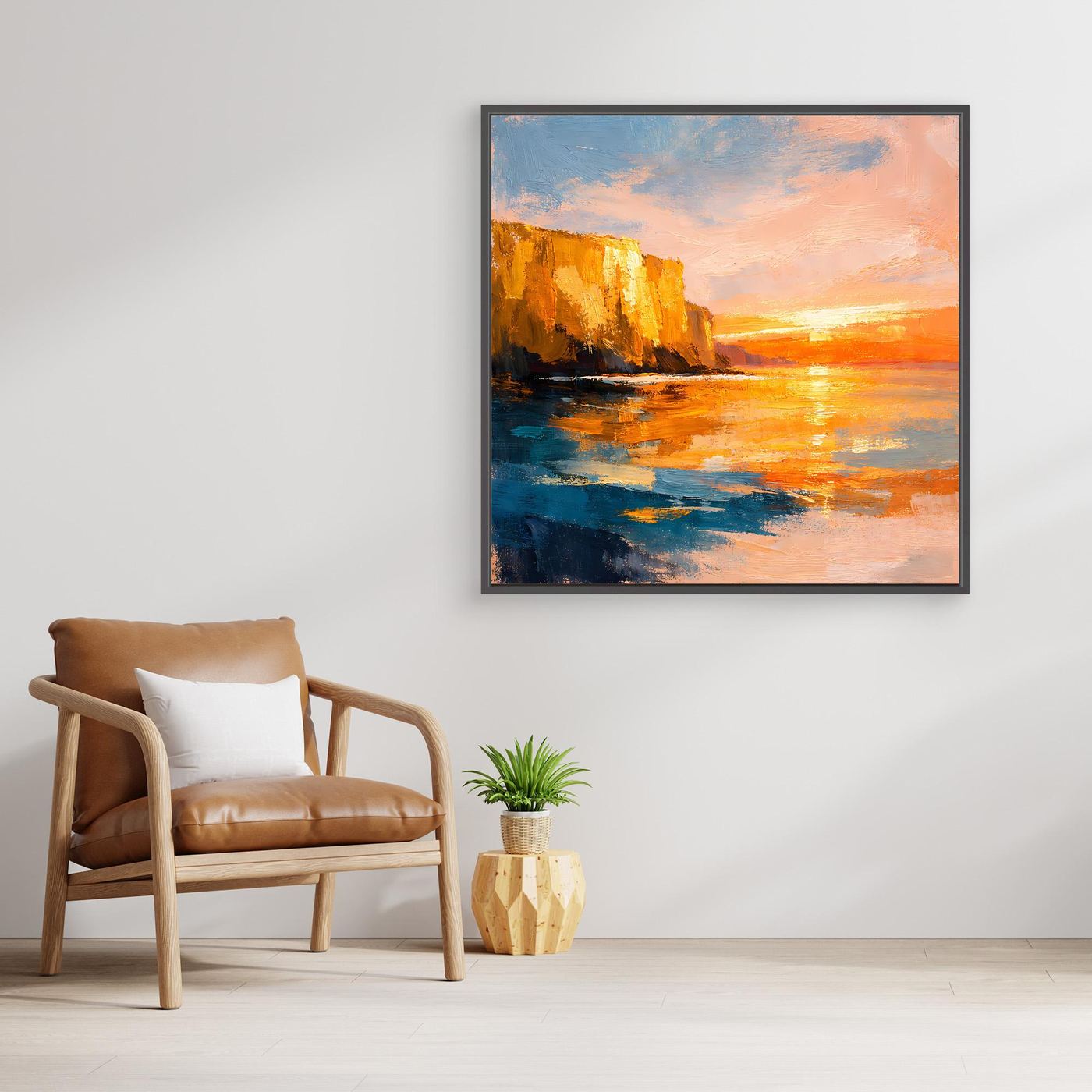 Leinwand Goldener Sonnenuntergang an der Steilküste | Abstraktes Meeres Wandbild