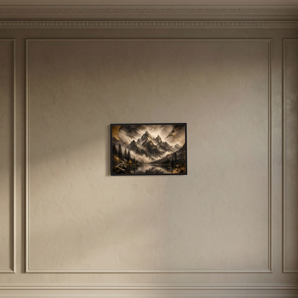 Gerahmtes Querformat-Poster mit Berglandschaft am See im Nebel, schwarzer Rahmen.