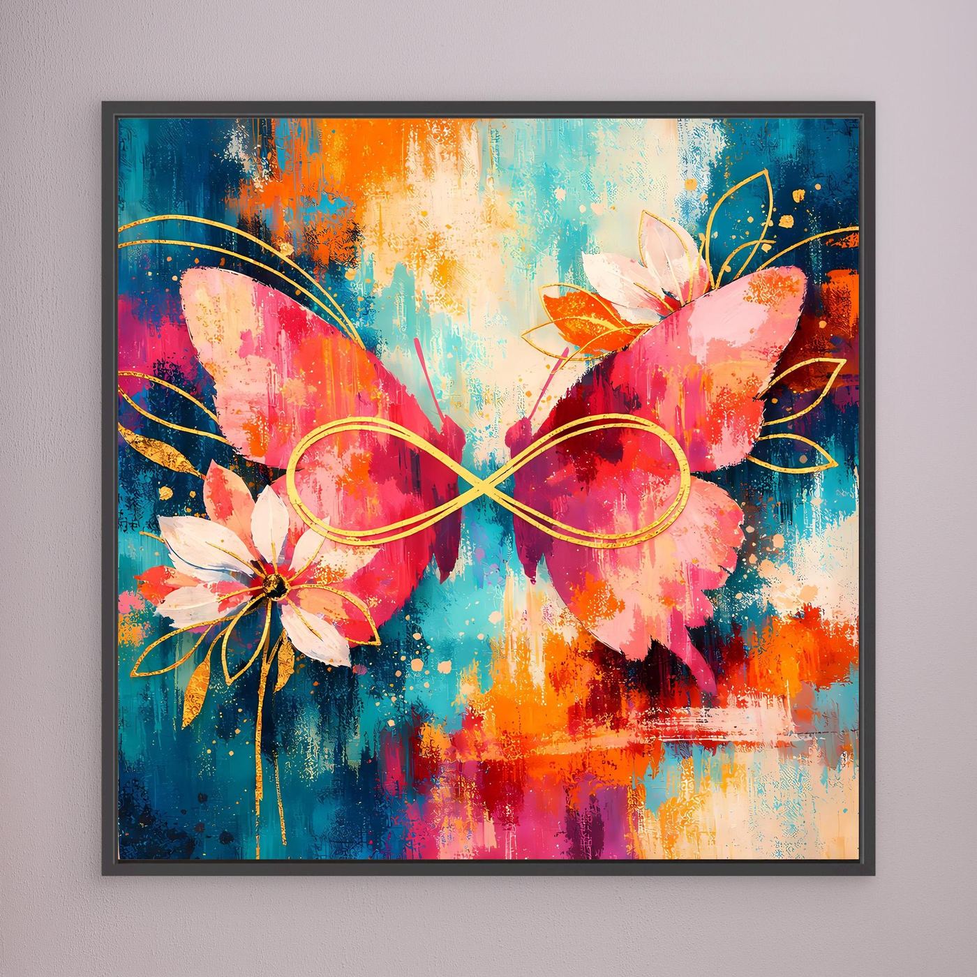 Abstraktes Leinwandbild mit Schmetterlingen, Blüten und Unendlichkeitszeichen, mit schwarzem Rahmen.
