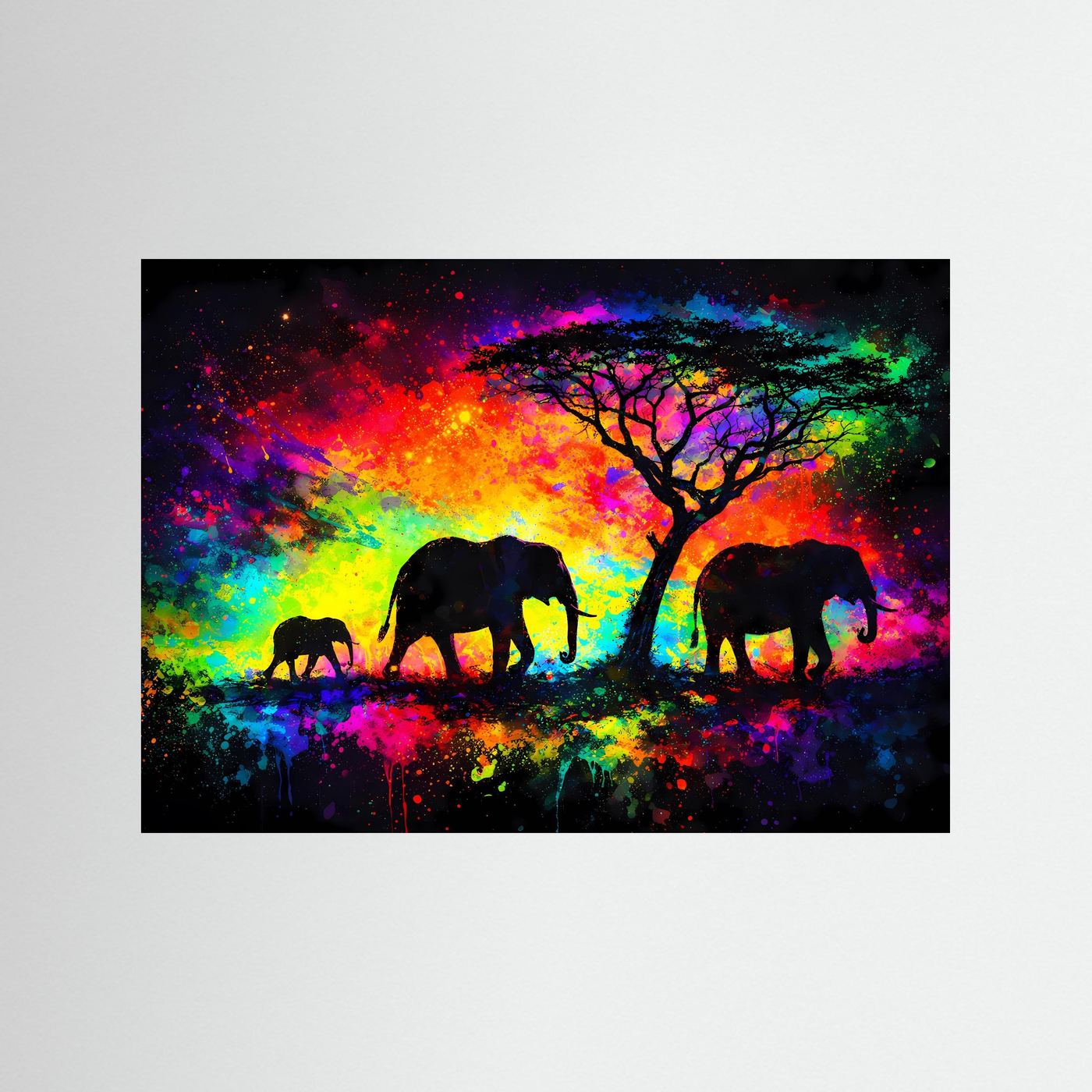 Poster im Querformat mit Elefanten-Silhouetten, buntes Pop-Art Motiv und Baum im Hintergrund