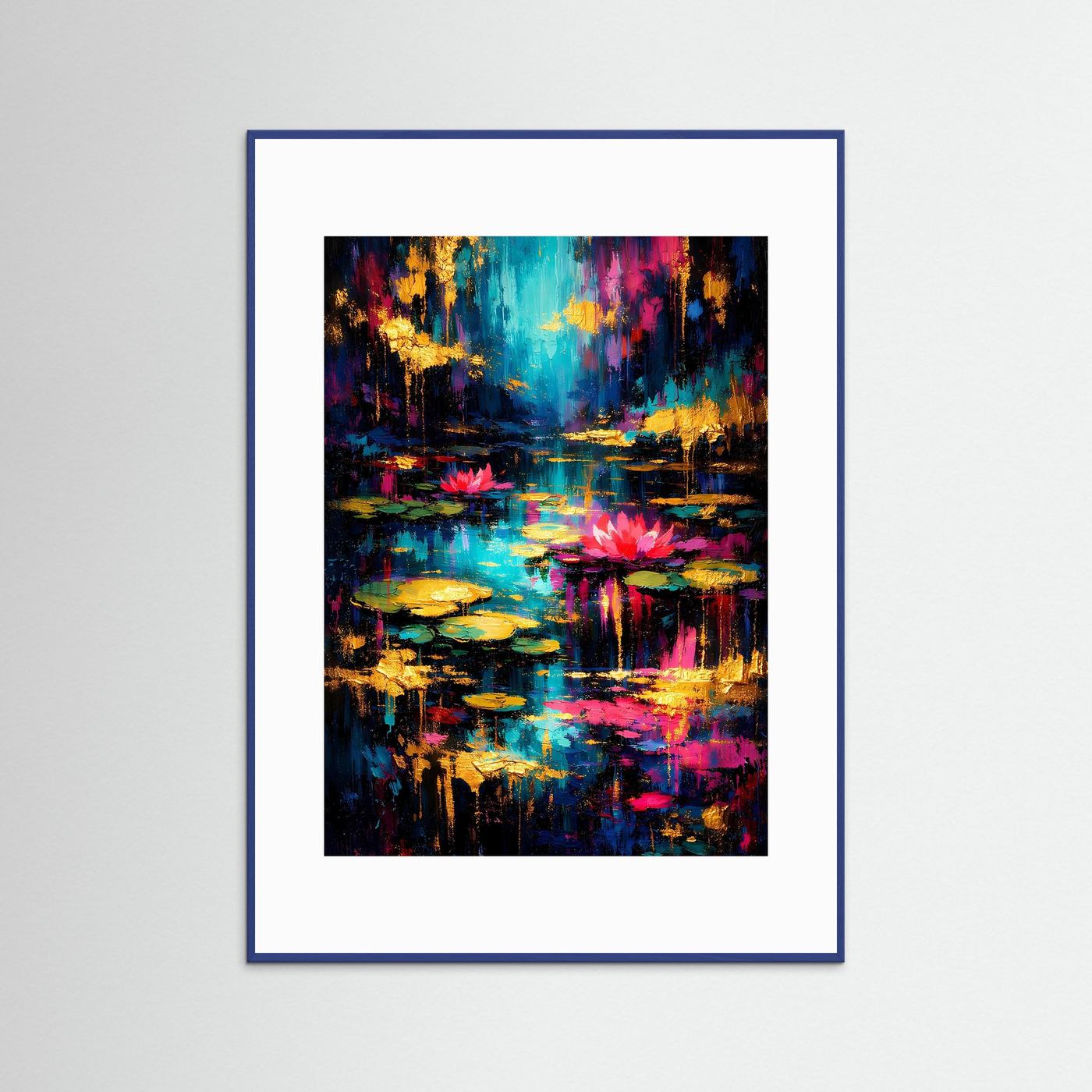 Abstraktes Seerosen-Poster im blauen Rahmen, türkis-warmes Wasserbild mit pinker Blüte