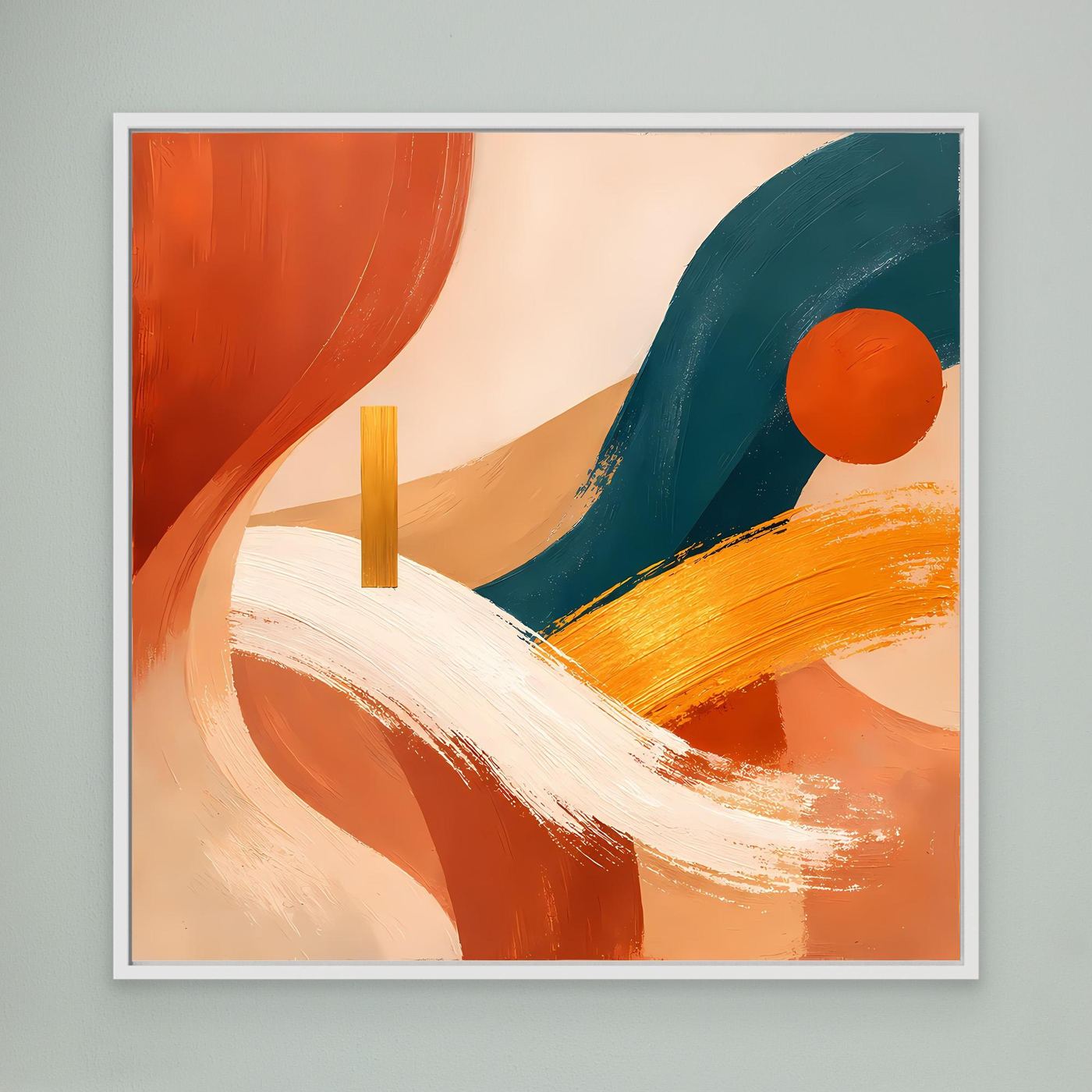 Wandbild aus Leinwand mit abstrakter Boho-Landschaft in Terracotta, Petrol und Weiß, hellgrau gerahmt