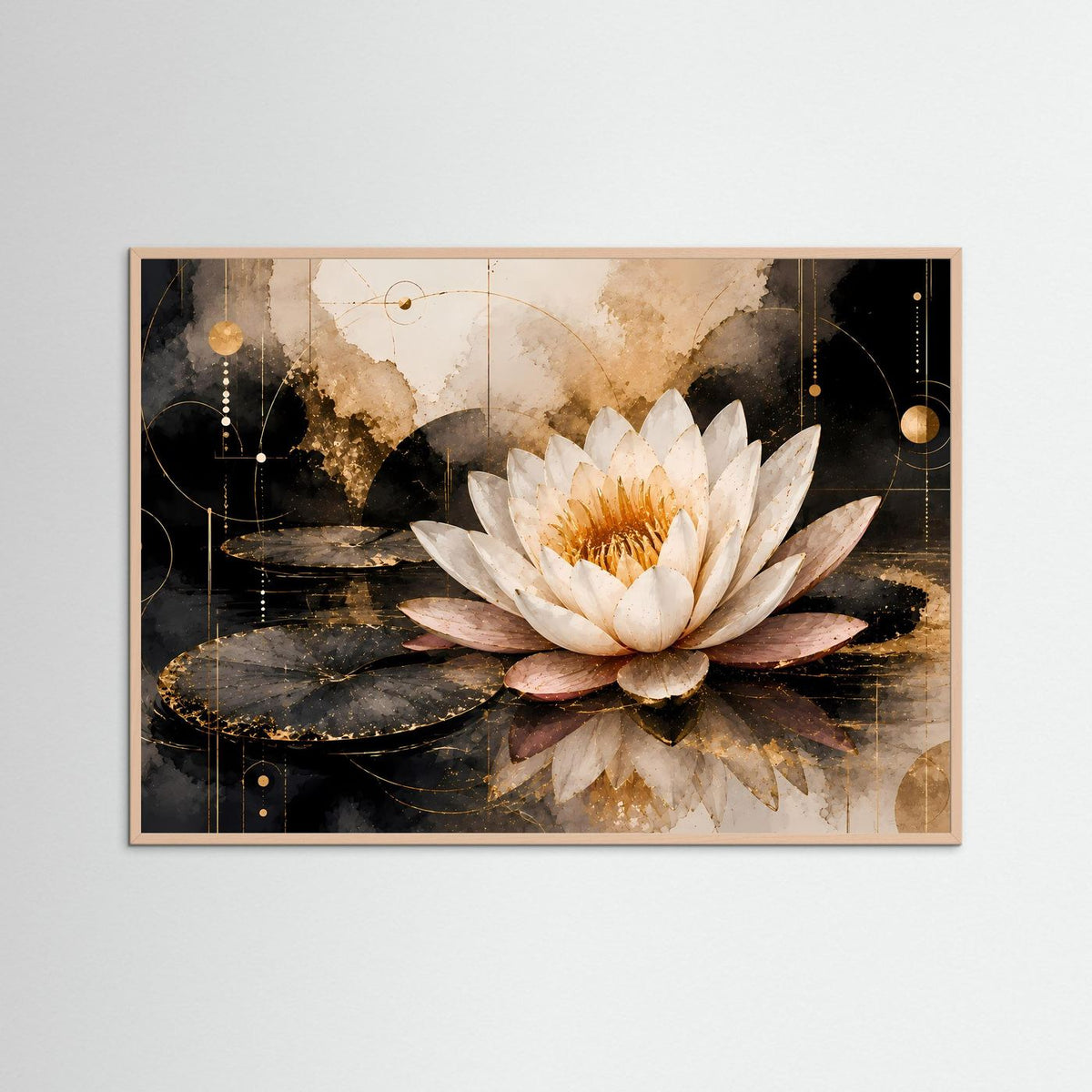 Lotusblüten-Poster im Roséholzrahmen: weiße Seerose mit goldenen Akzenten auf dunklem Wasser