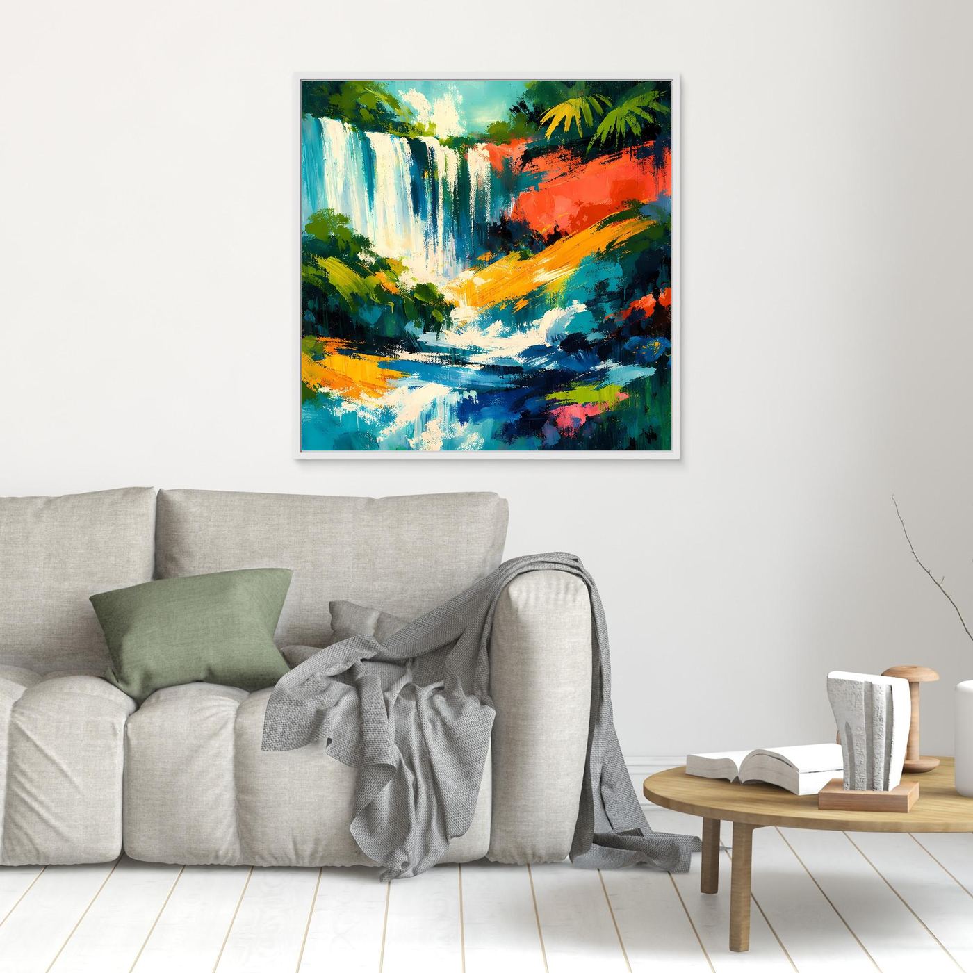 Kleines quadratisches Leinwand-Wandbild mit abstraktem Wasserfall, Tropenfarben, silberner Rahmen
