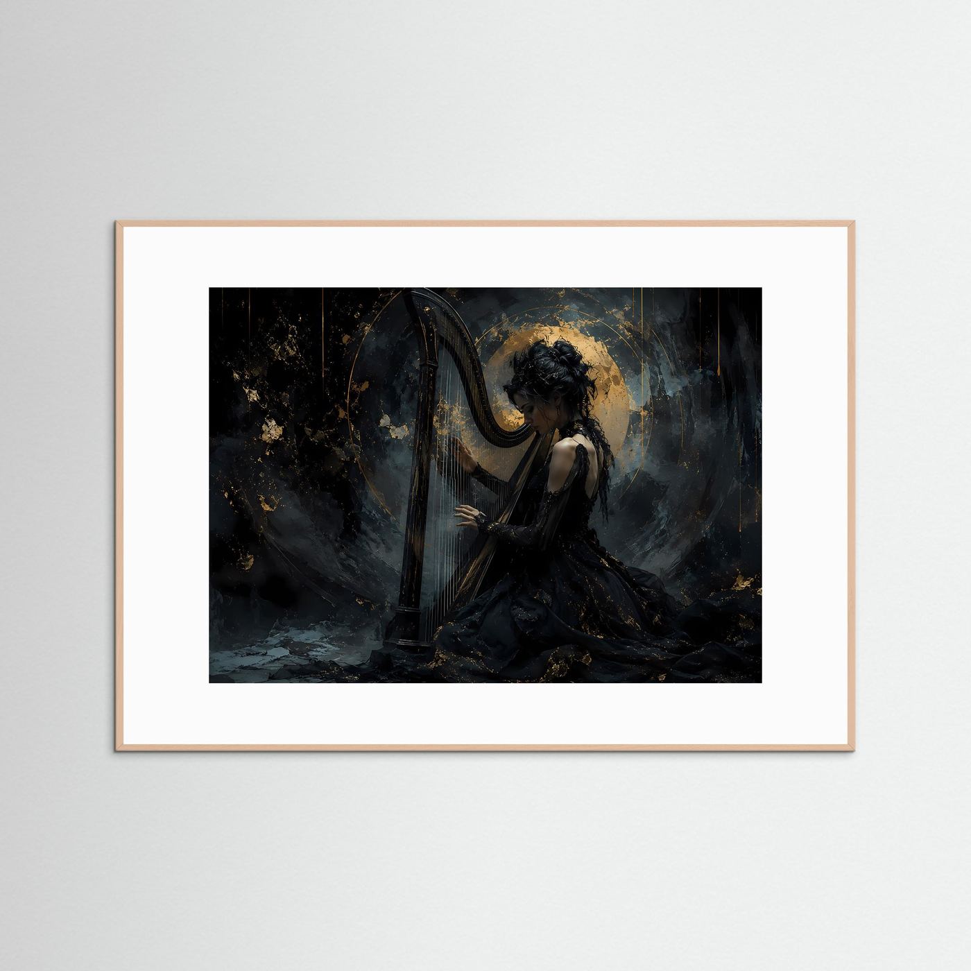 Elegante Harfenistin in Schwarz & Gold | Musik & Fantasy-Wandbild