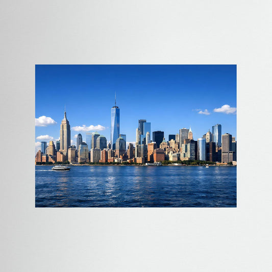 Panorama-Stadtposter New York Skyline am Fluss mit blauem Einrahmen