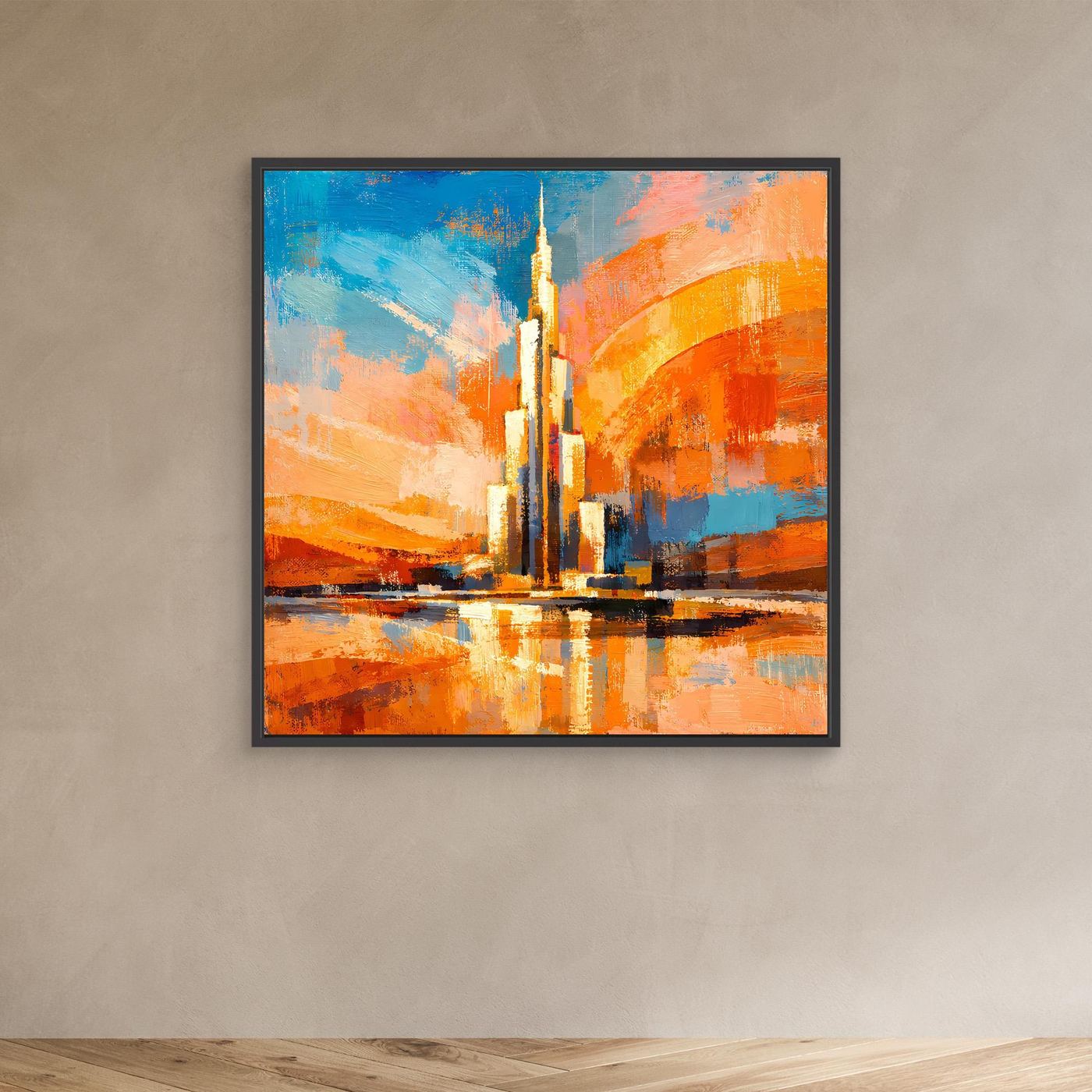 Abstraktes Leinwand-Wandbild mit Turm und Spiegelung, blau-orange, schwarz gerahmt