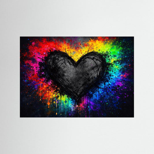 Querformatiges Wandbild mit schwarzem Grunge-Herz und bunten Farbklecksen, ohne Rahmen