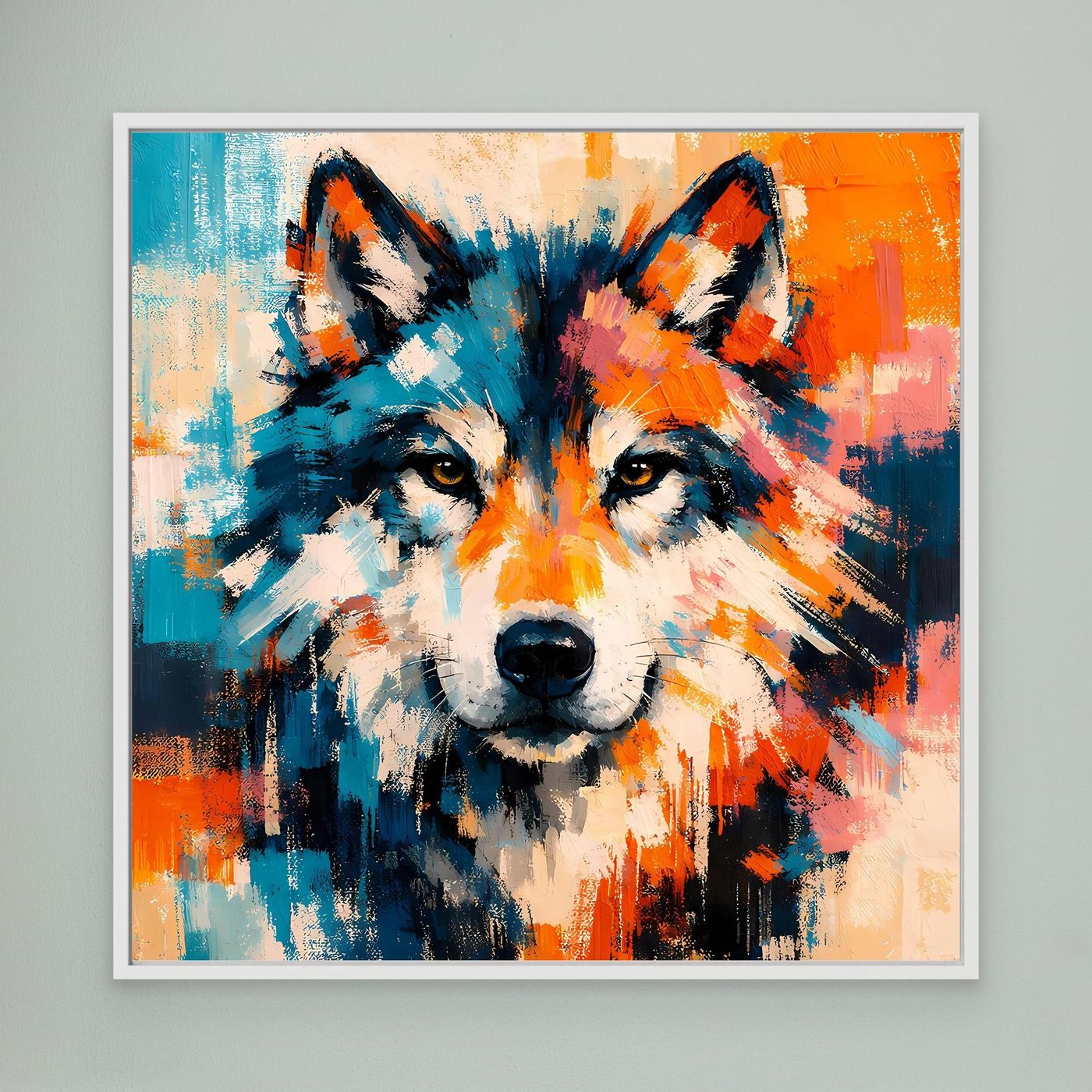 Framed abstract wolf face canvas print with blue, orange, and white brushstrokes