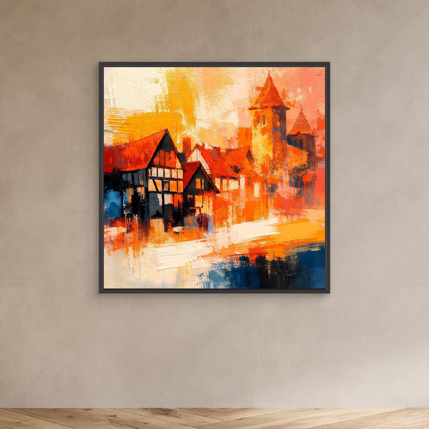 Premium Leinwand Romantische Altstadt im Farbenrausch | Modernes Fachwerk Wandbild abstrakt