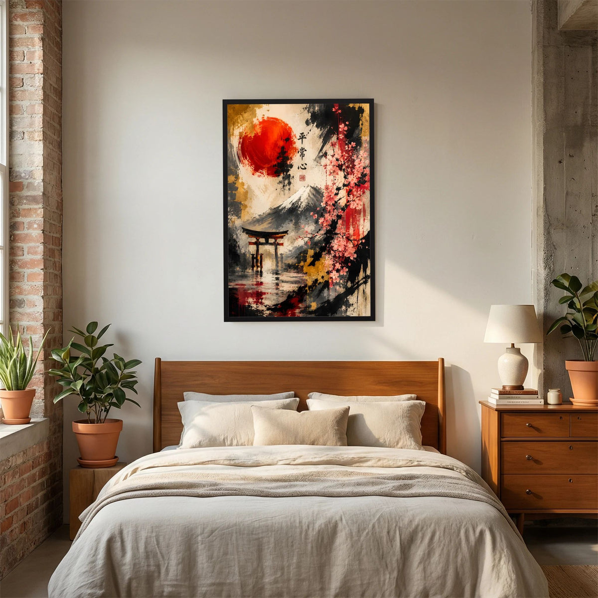 Abstraktes Fuji-Poster mit Kirschblüten und roter Sonne im schwarzen Rahmen