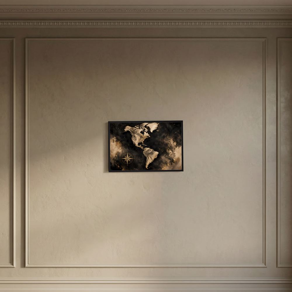 Wandposter Weltkarte Amerika mit Kompass, schwarz-gold, querformat, mit schwarzem Rahmen