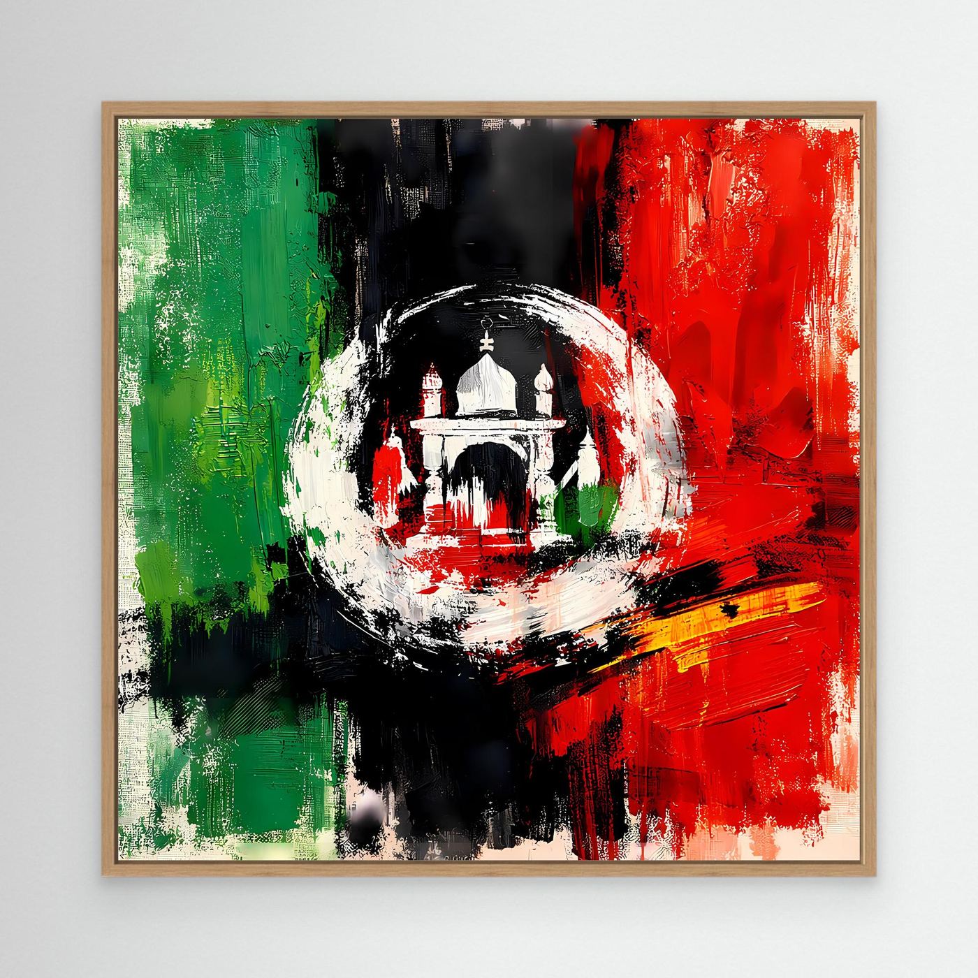 Abstract Afghanistan flag wall art with oak frame, central white circle and building silhouette