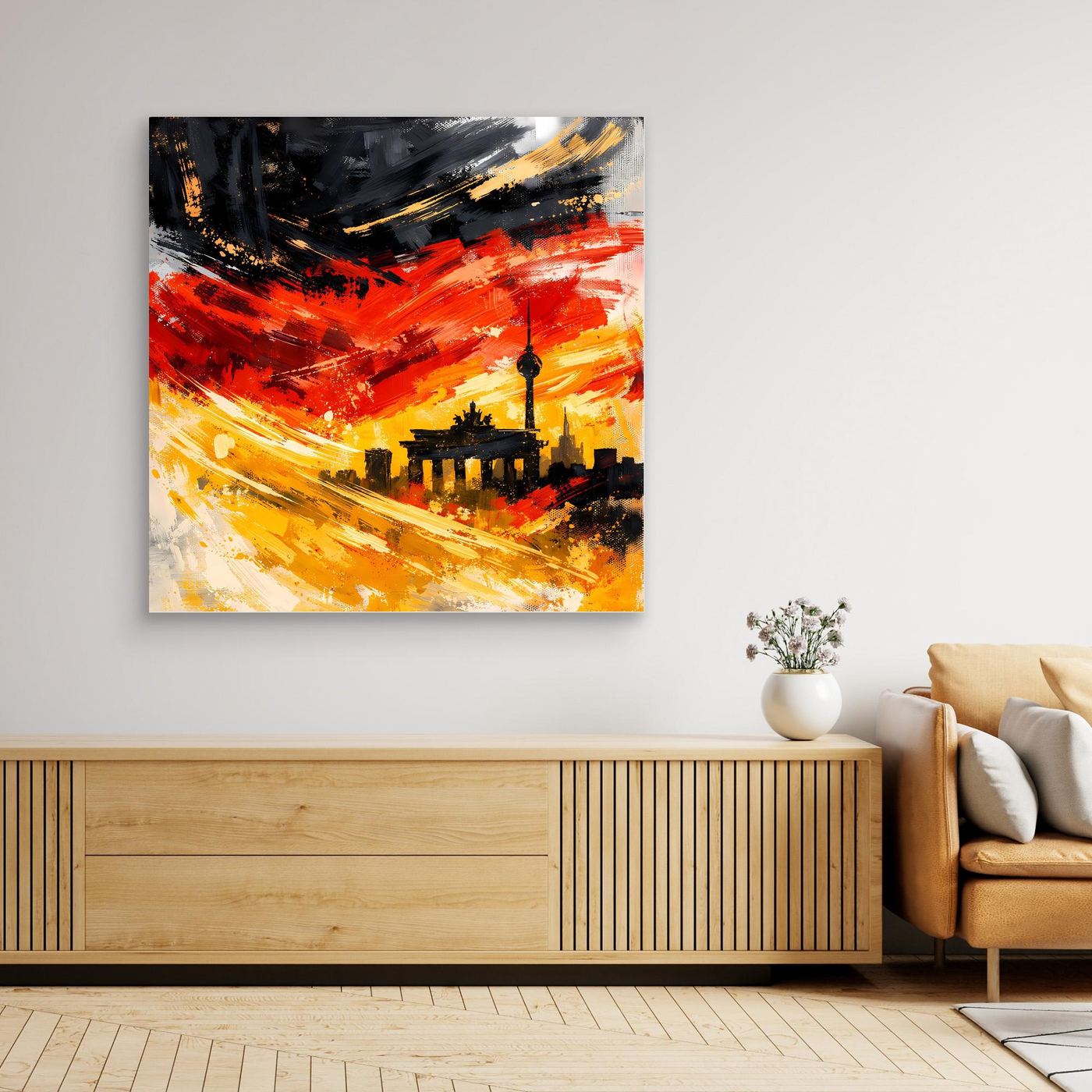 Abstraktes Leinwandbild Skyline mit rot-gelben Farbflächen, schwarzem Wahrzeichen im Rahmen