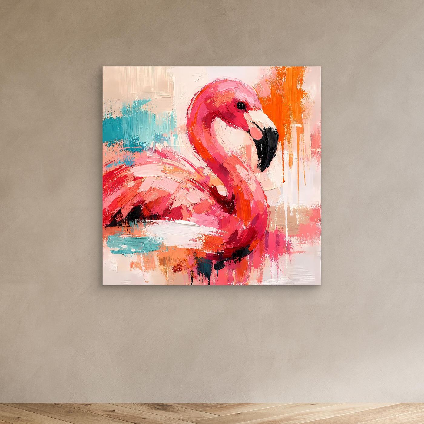 Leinwand-Wandbild mit abstraktem Flamingo in Pink und Blau, ohne Rahmen.