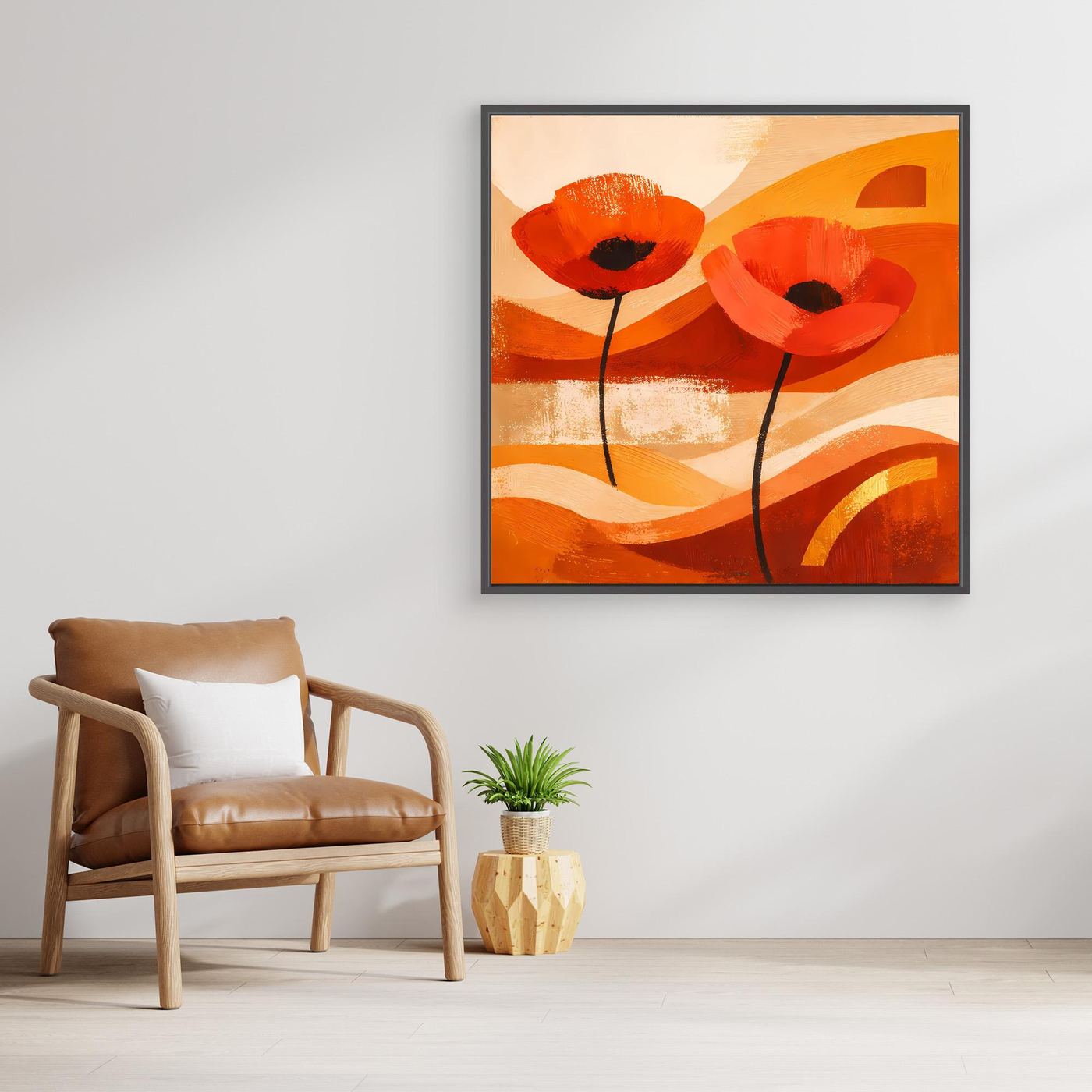 Quadratisches Wandbild mit abstrakten Mohnblüten in warmem Orange und rotem Grund