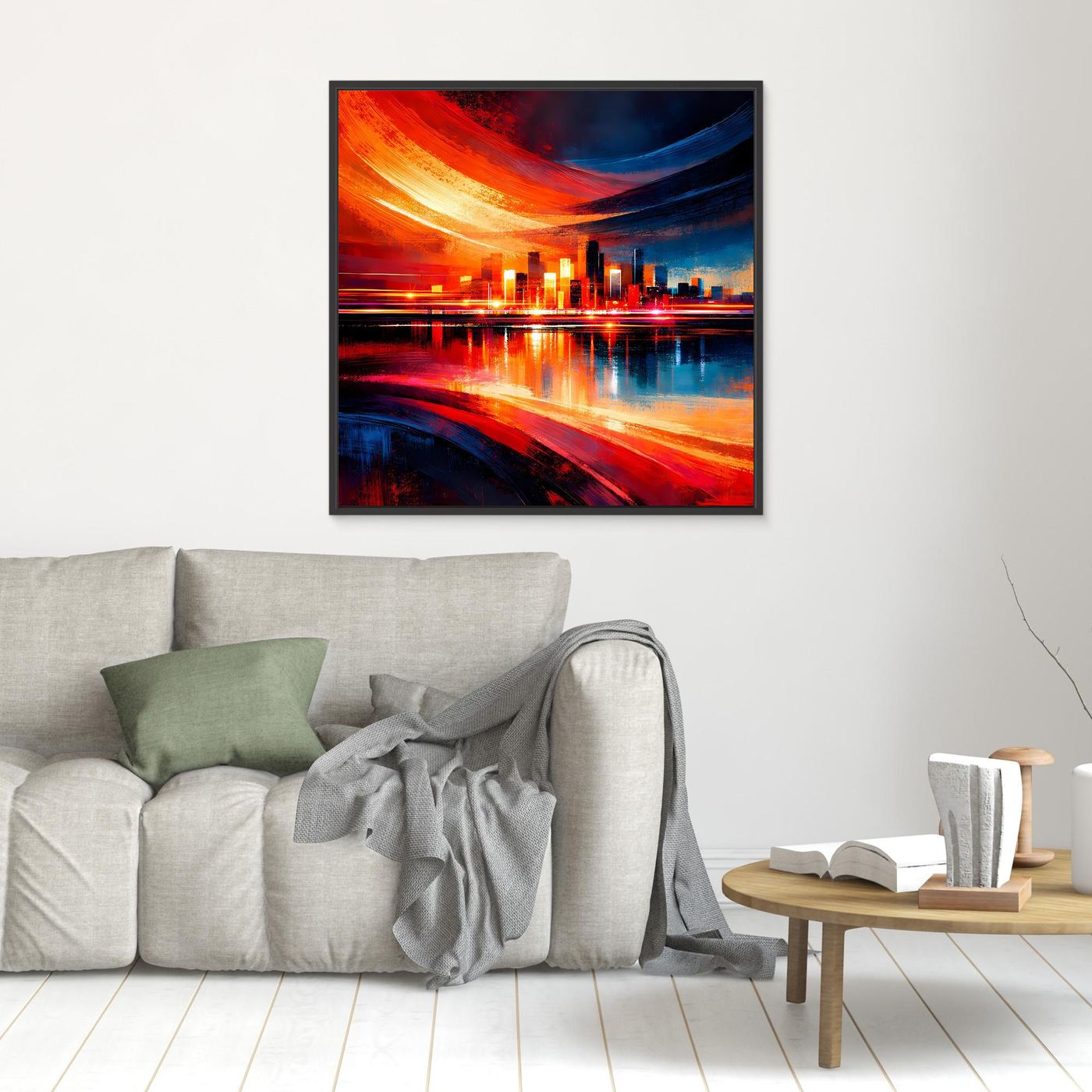 Abstraktes Leinwandbild mit Skyline-Lichtspuren in Rot und Blau, schwarzer Rahmen