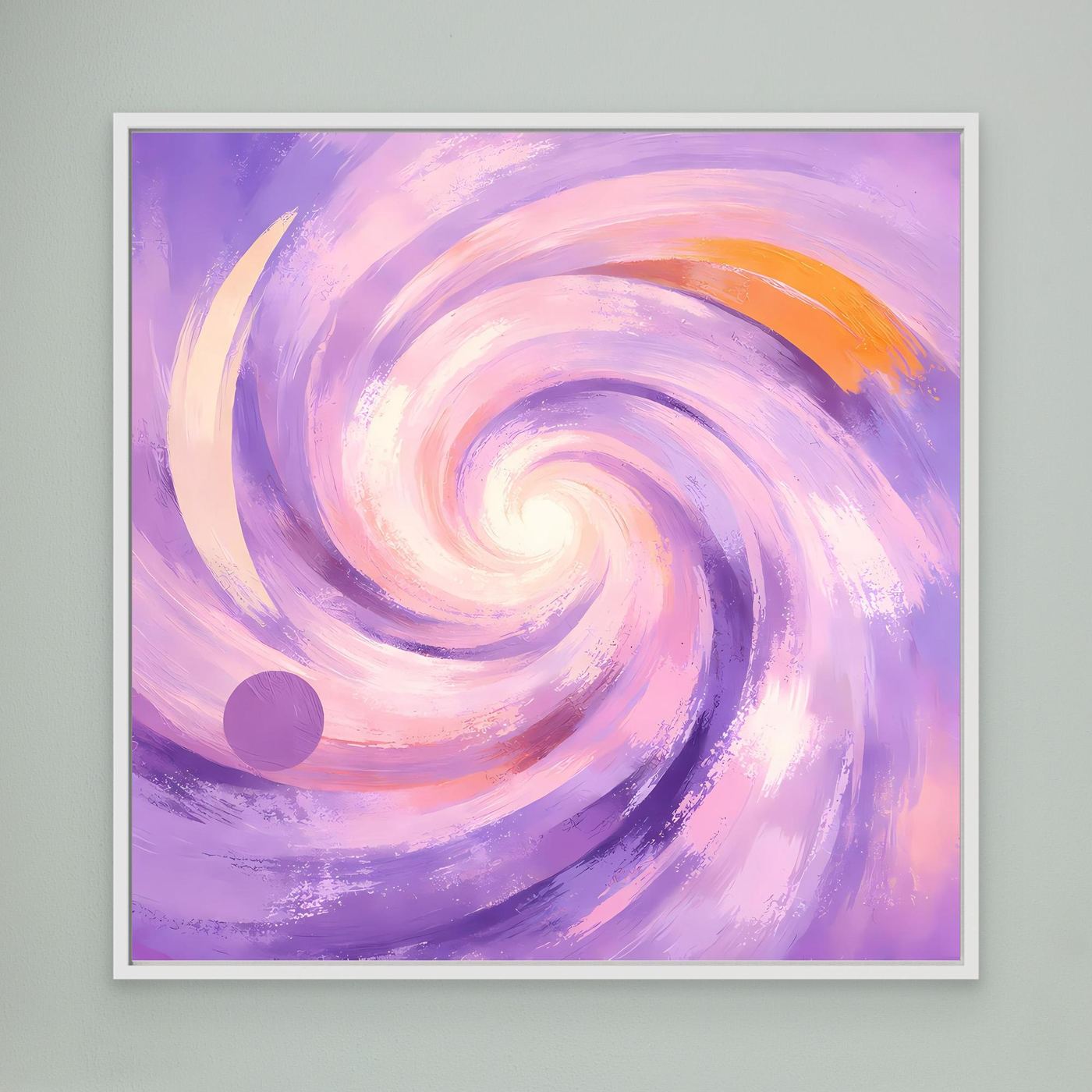 Leinwandbild mit abstraktem Pastell-Wirbel in Flieder und Rosa, weißer Rahmen