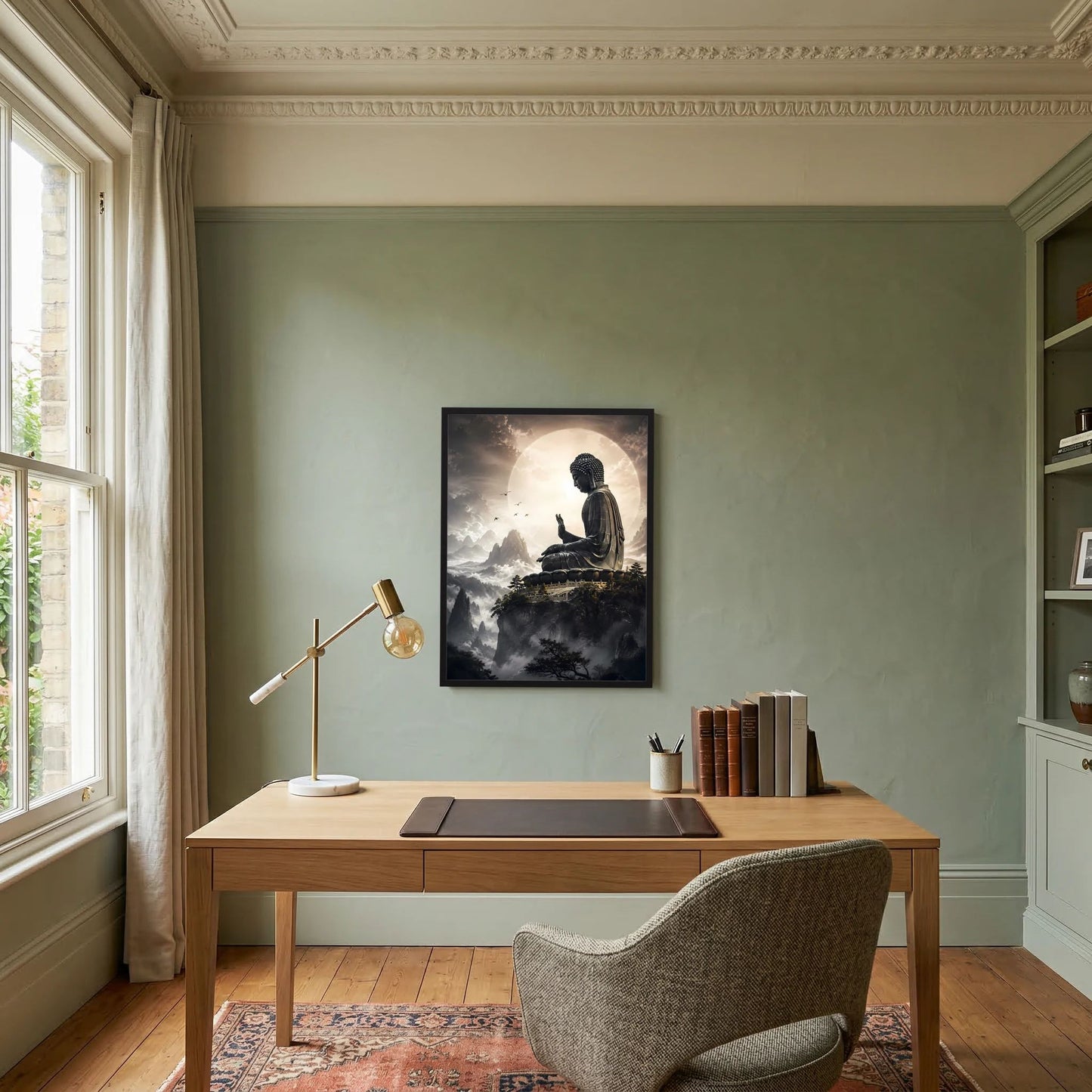 Hochformat-Poster: Buddha auf Felsvorsprung über mystischer Berg- und Wolkenkulisse