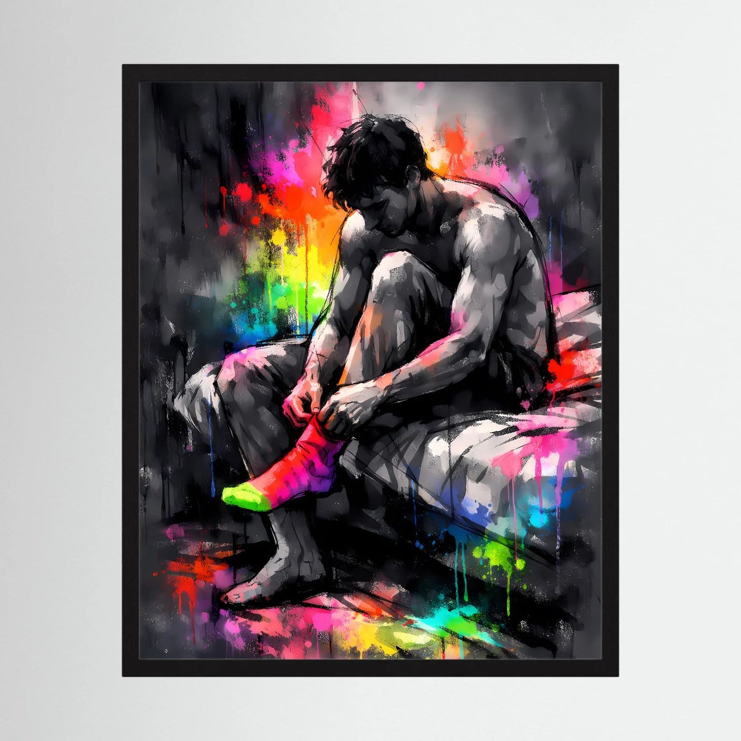 Neon-Wandposter im schwarzen Rahmen: Sportler zieht Socken an, bunte Farbspritzer